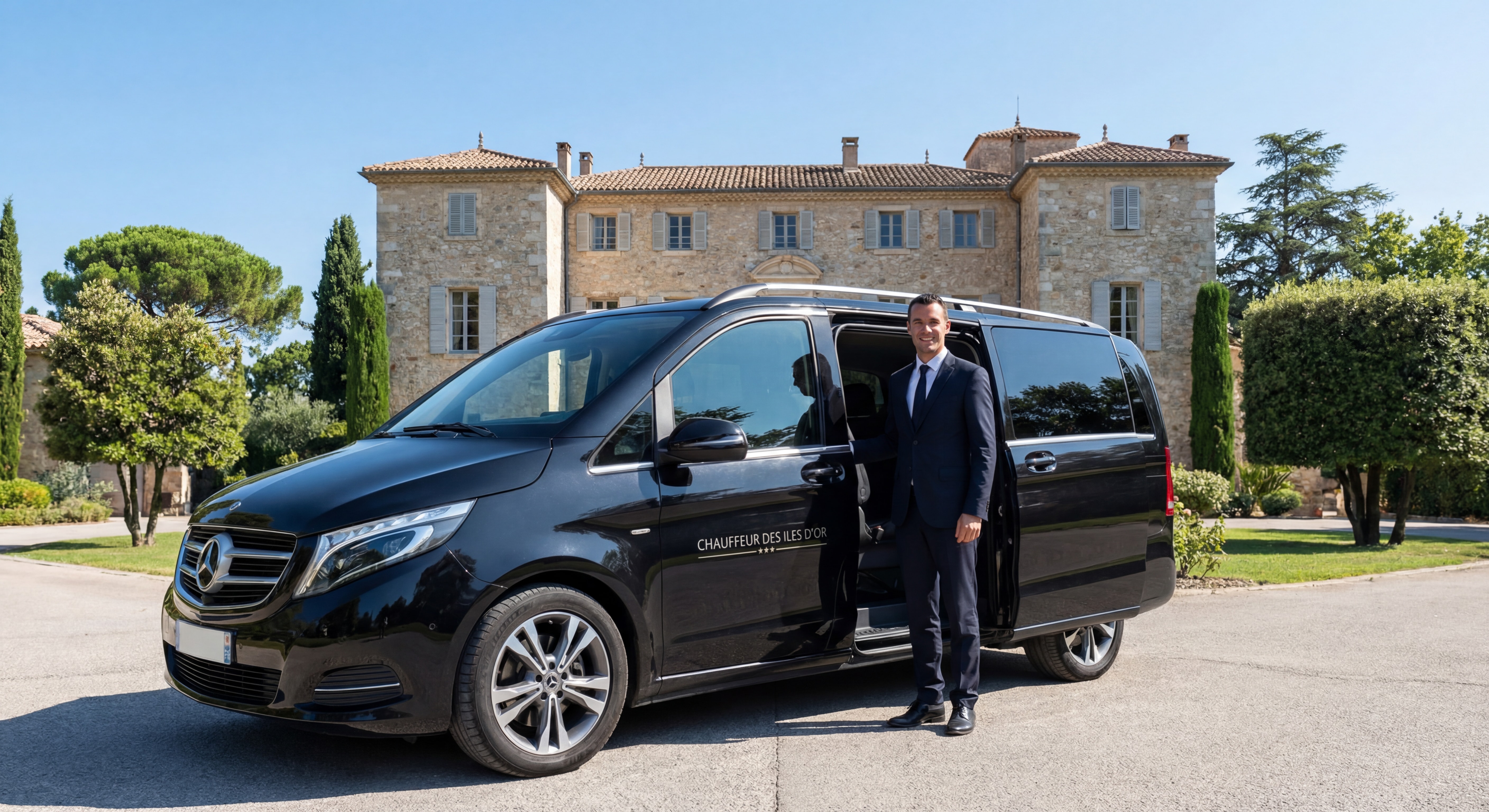 Van Mercedes noir floqué Chauffeur des Iles d'Or devant le Château de Solliès-Pont avec chauffeur en costume