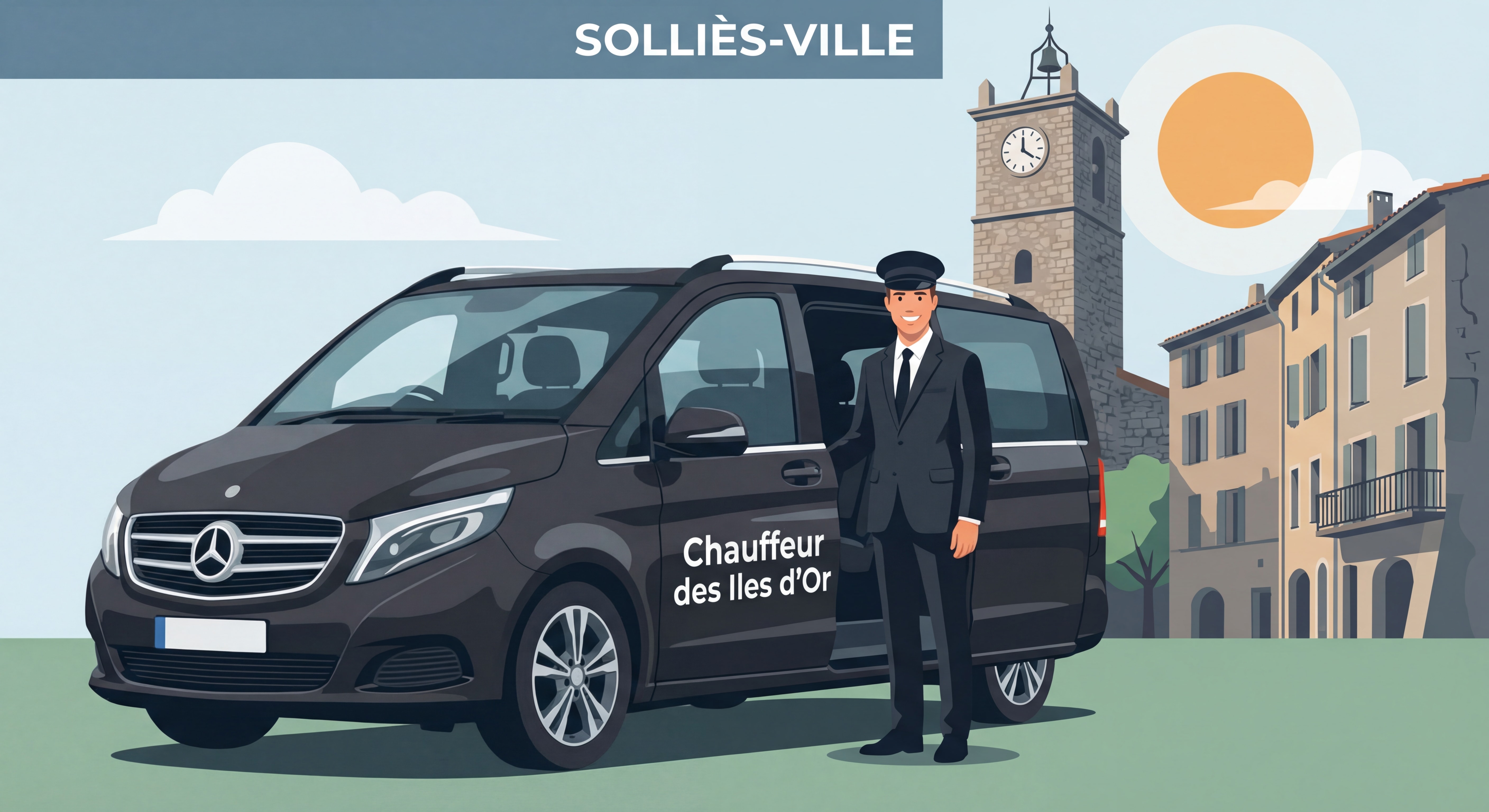 Van Mercedes noir floqué Chauffeur des Iles d'Or devant monument emblématique de Sollies Ville avec chauffeur en costume