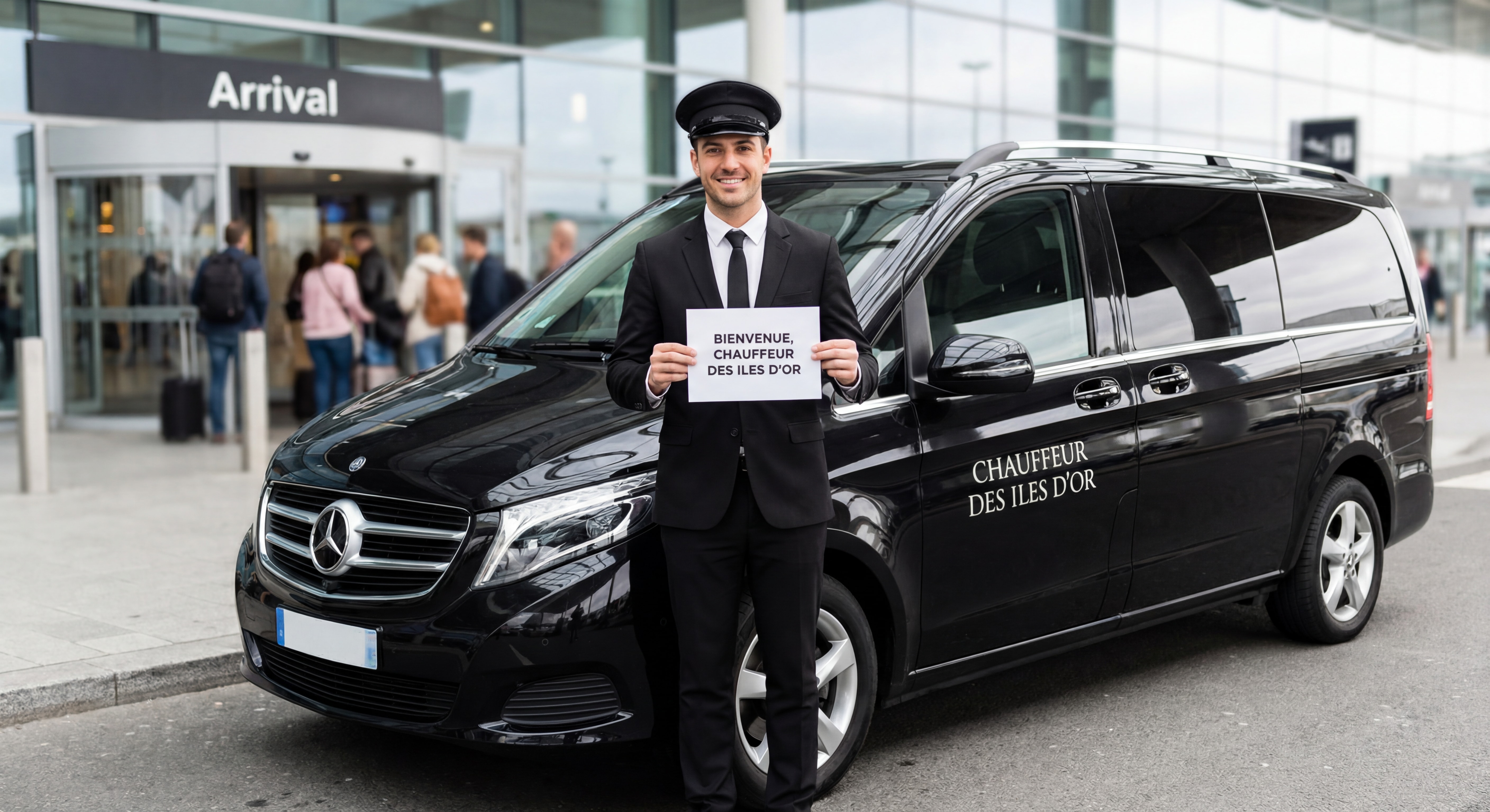 Chauffeur professionnel en costume noir tenant une pancarte d'accueil devant un van Mercedes noir floqué Chauffeur des Iles d'Or