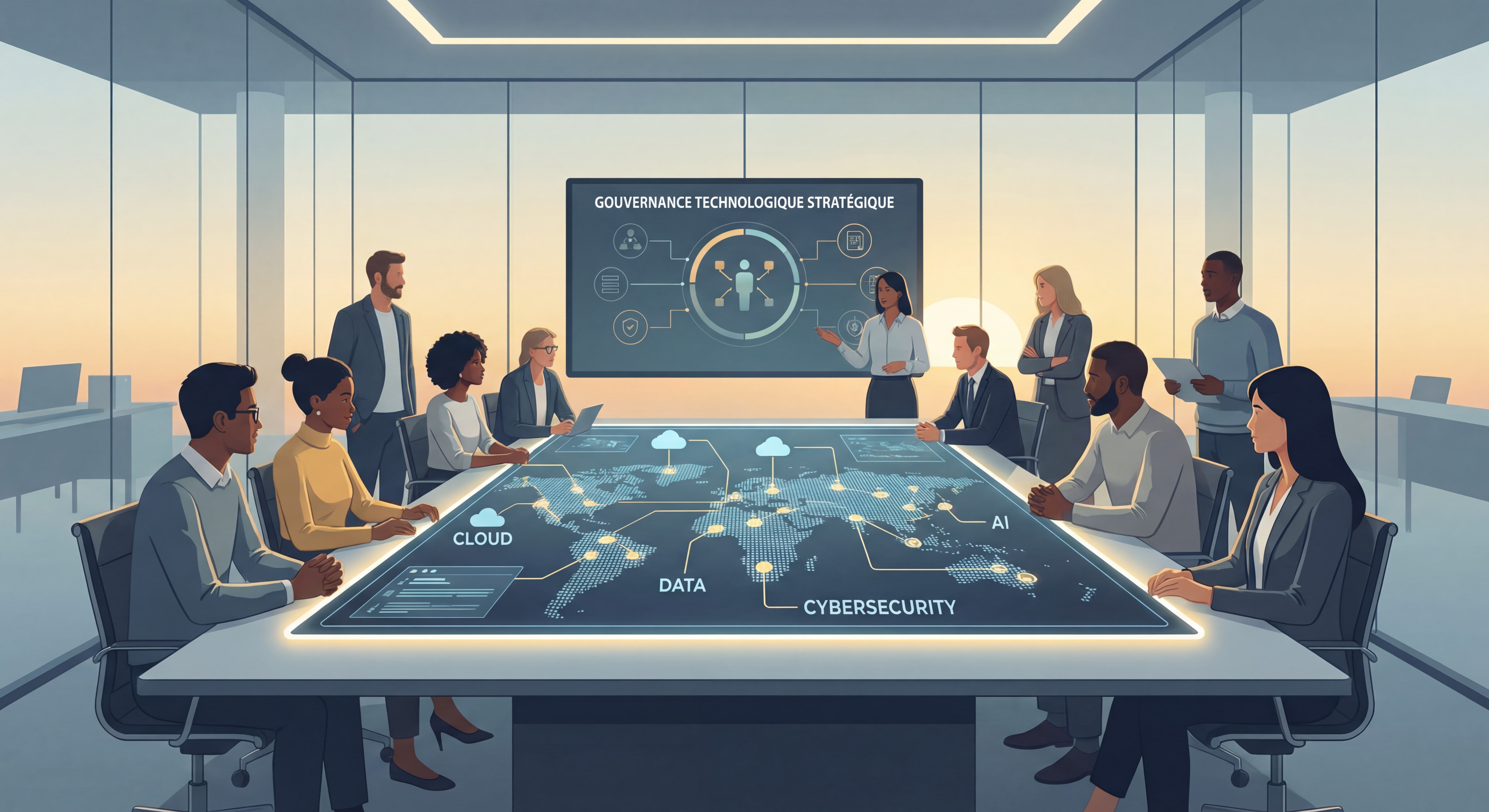 Conseil d'administration analysant une cartographie des dépendances technologiques sur écrans tactiles - gouvernance technologique stratégique