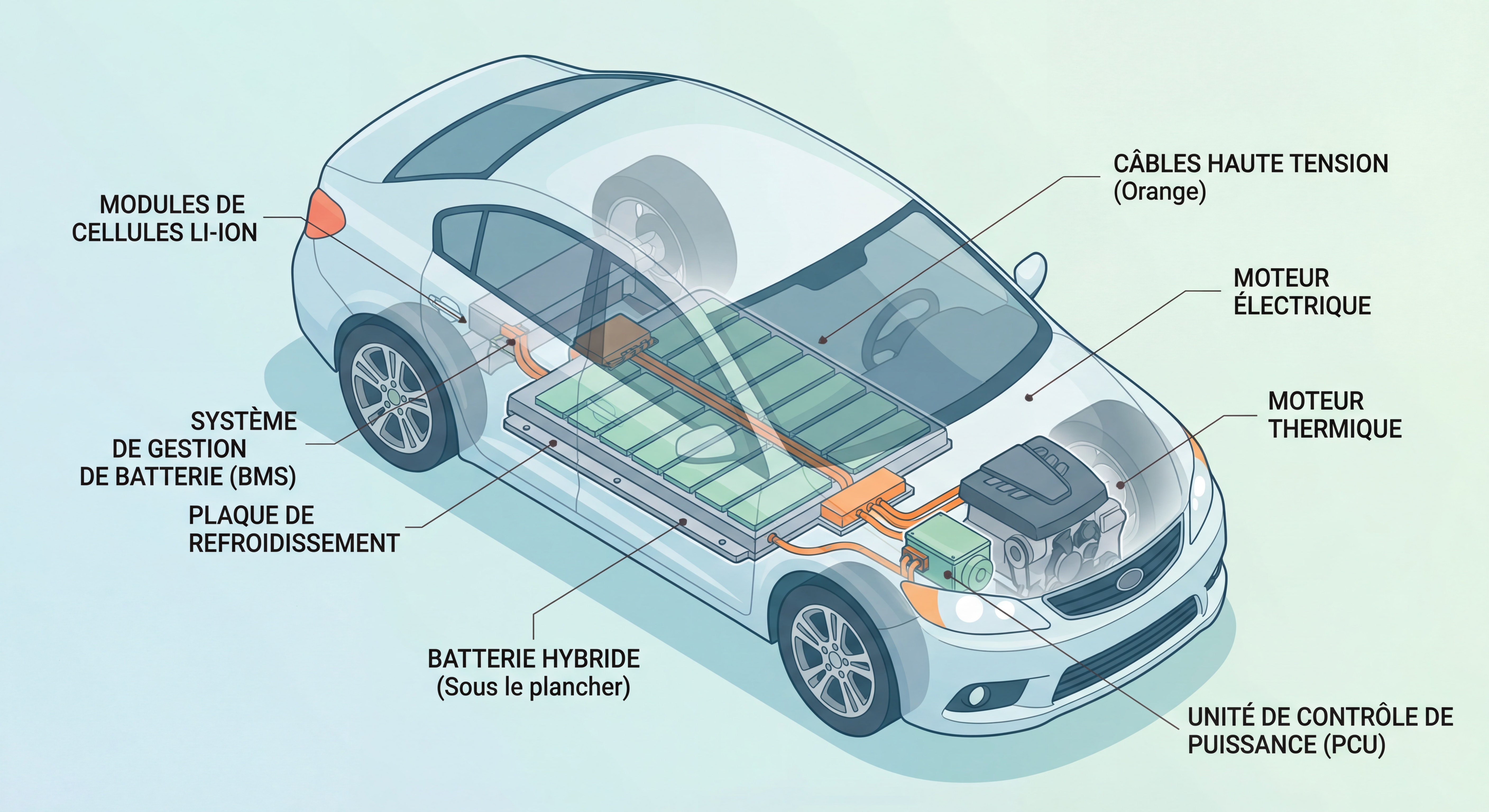 Schéma pédagogique montrant l'emplacement de la batterie hybride sous le plancher d'un véhicule, avec annotations des composants principaux