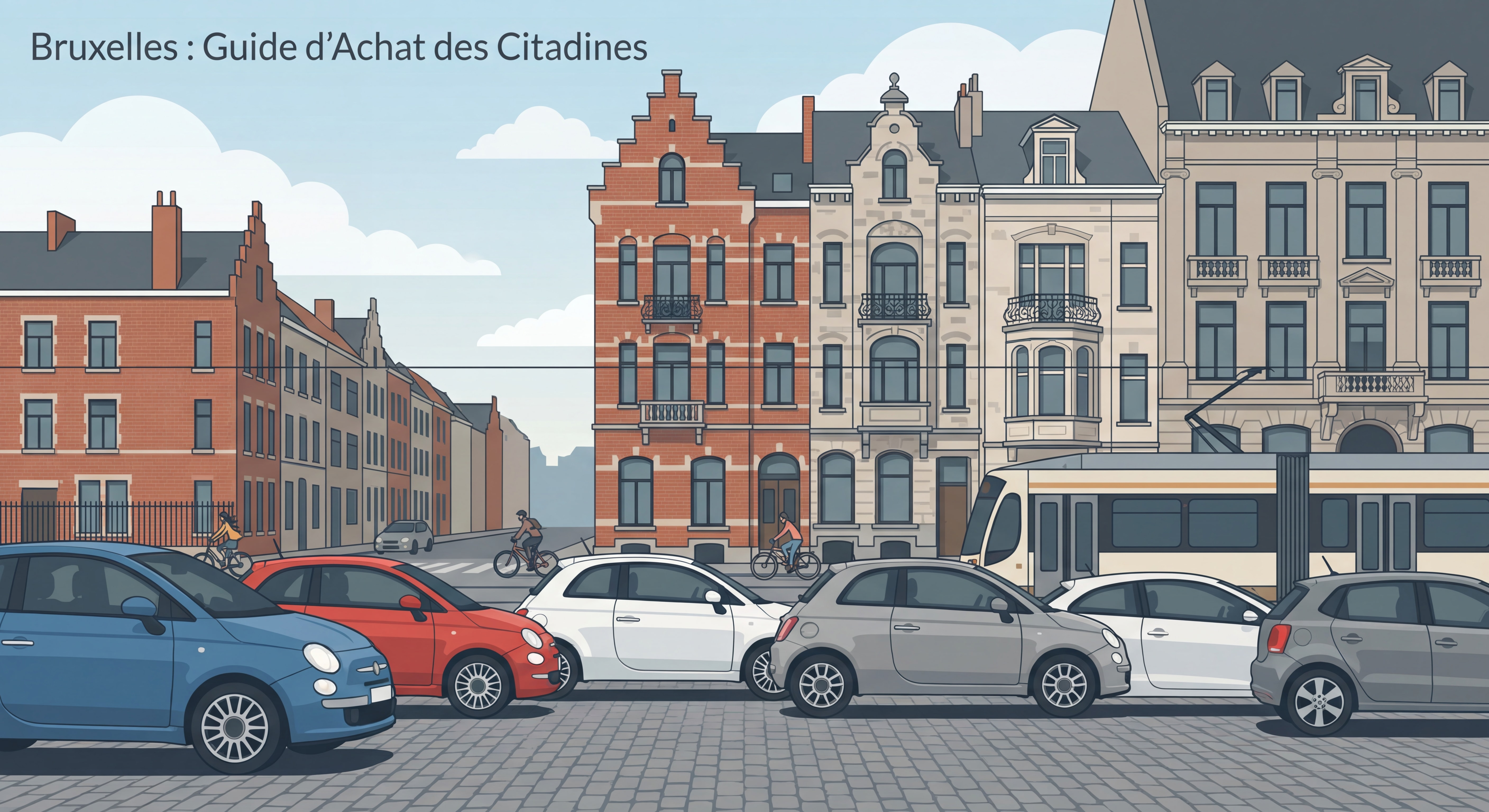 Citadines d'occasion garées dans une rue typique de Bruxelles avec architecture belge en arrière-plan