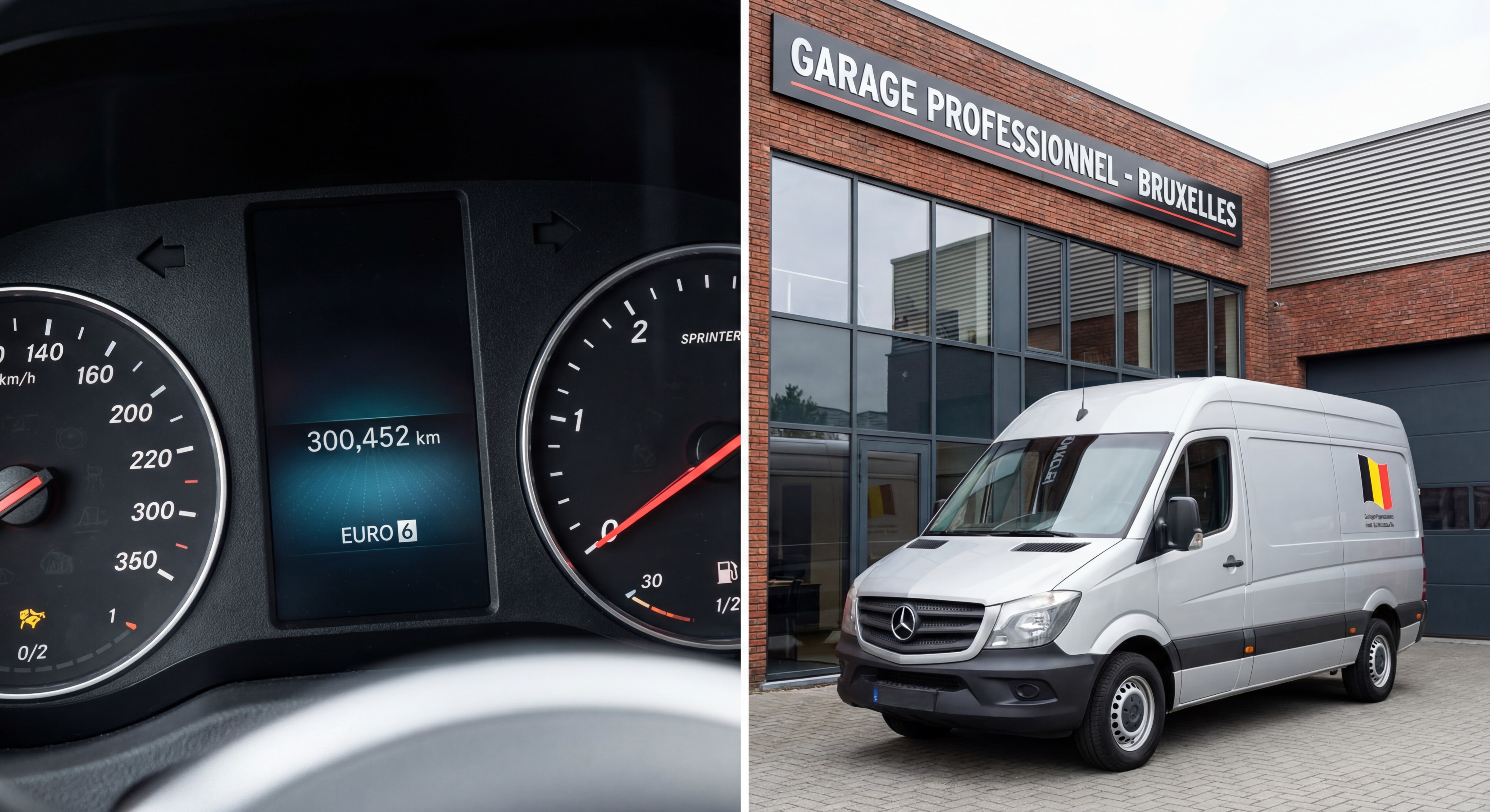 Mercedes Sprinter Euro 6 diesel avec compteur affichant plus de 300000 km, en excellent état de conservation, photographié devant un garage professionnel en Belgique