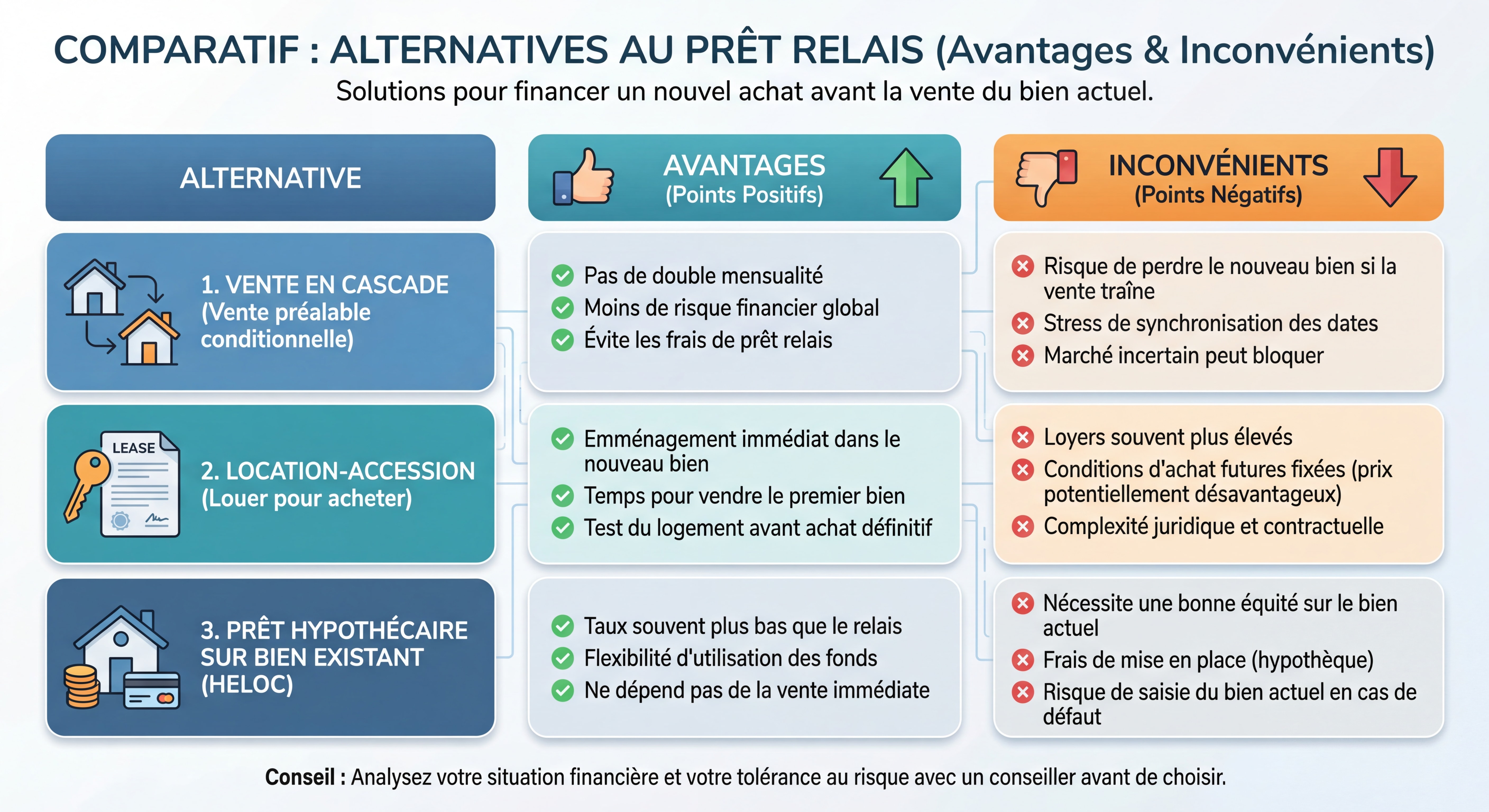 Infographie comparative des alternatives au prêt relais avec avantages et inconvénients de chaque solution