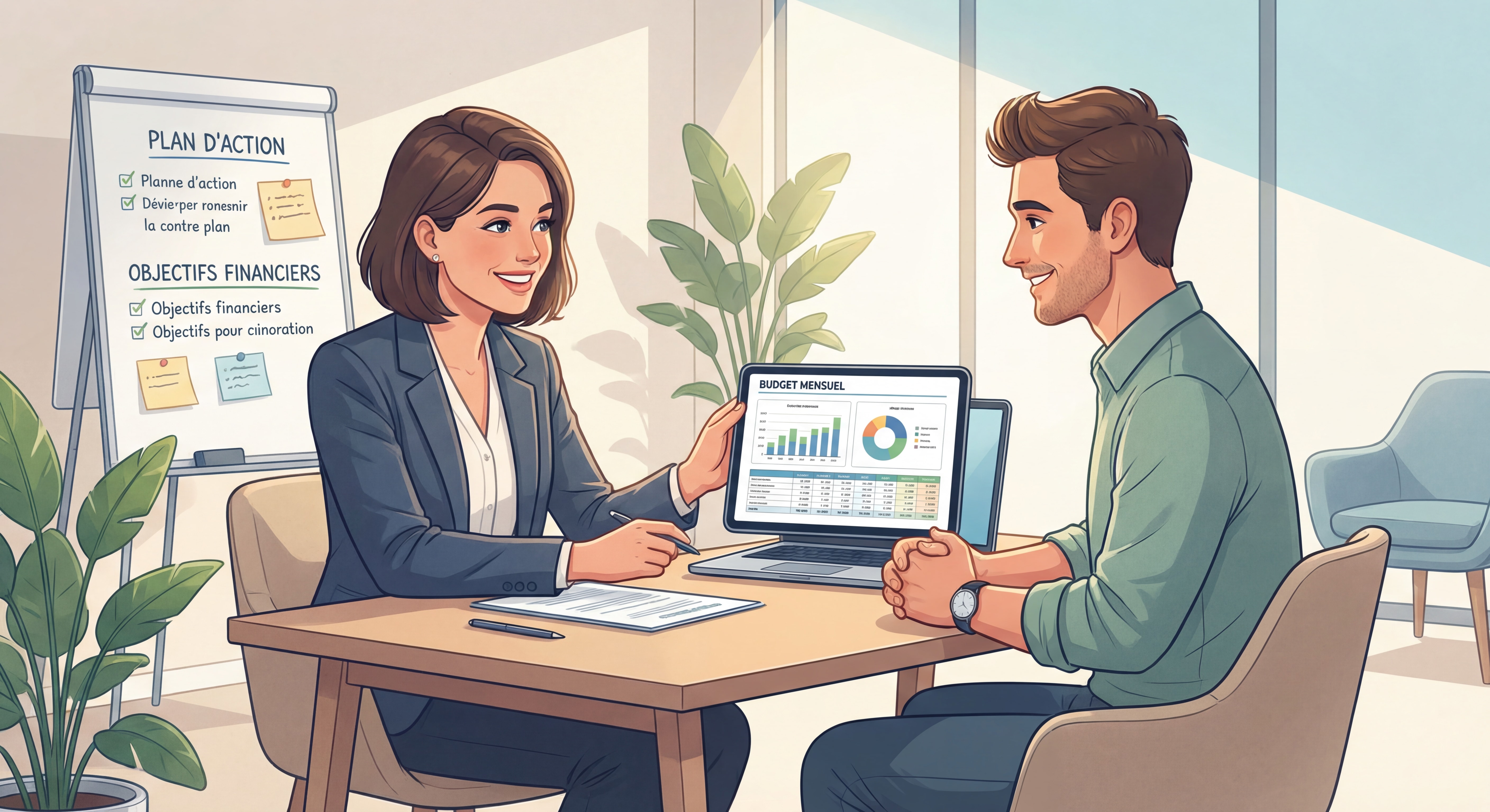 Coach budgétaire travaillant avec un client sur l'analyse de son budget mensuel, ambiance professionnelle et bienveillante