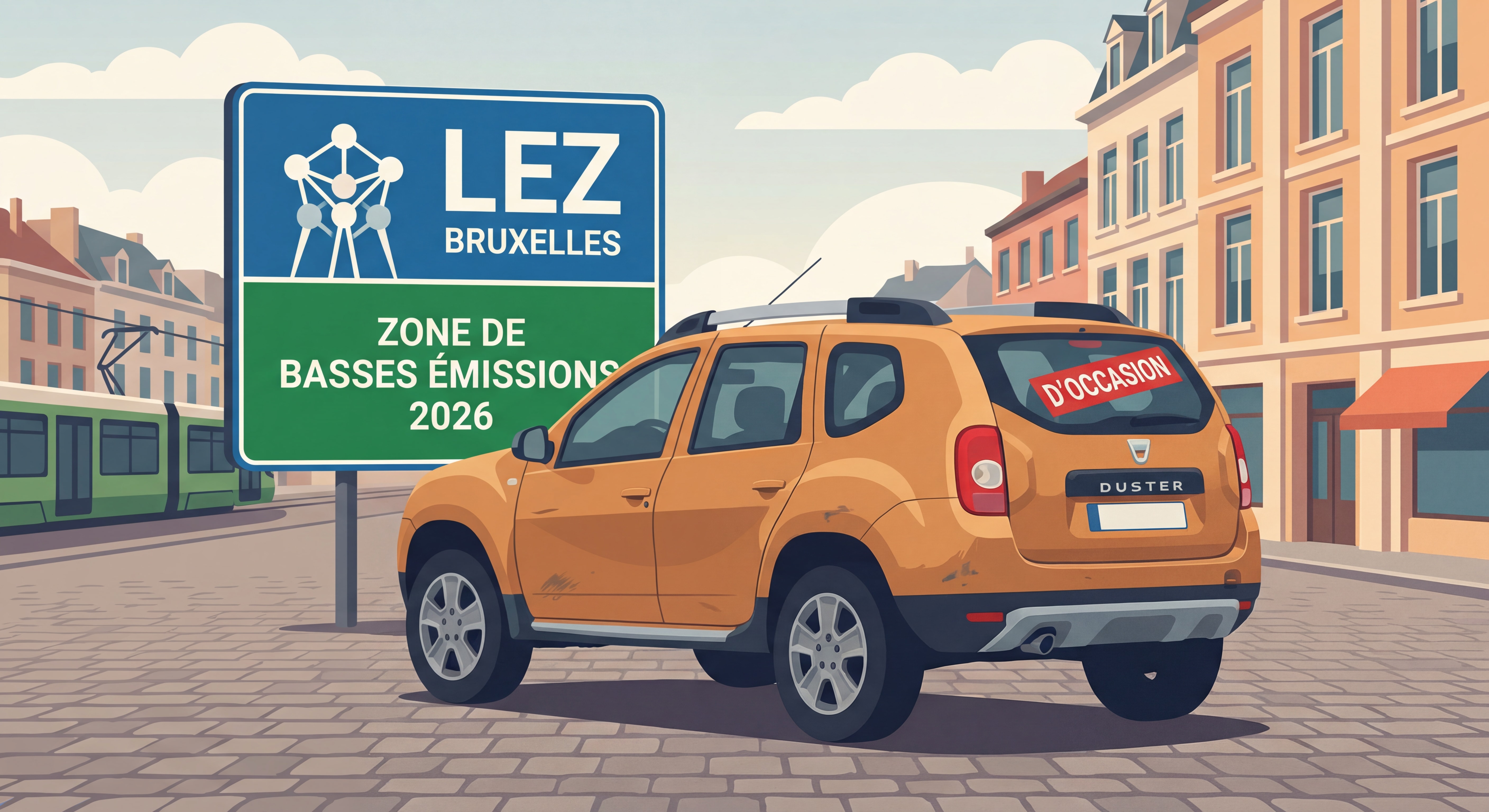 Dacia Duster d'occasion garé devant panneau LEZ Bruxelles - illustration zone à faibles émissions Belgique 2026