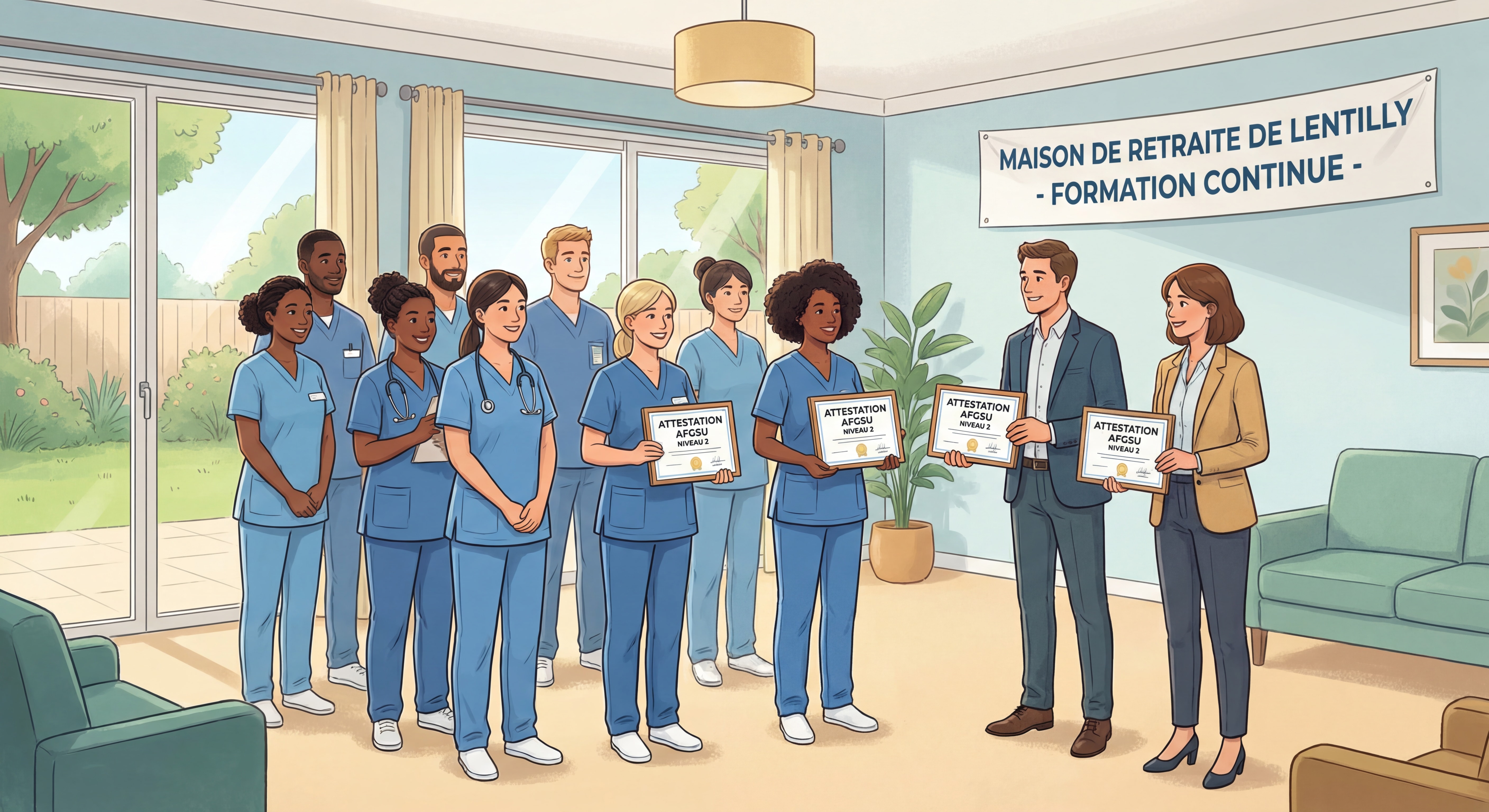 Équipe soignante de la maison de retraite de Lentilly recevant leur attestation AFGSU niveau 2 avec formateurs