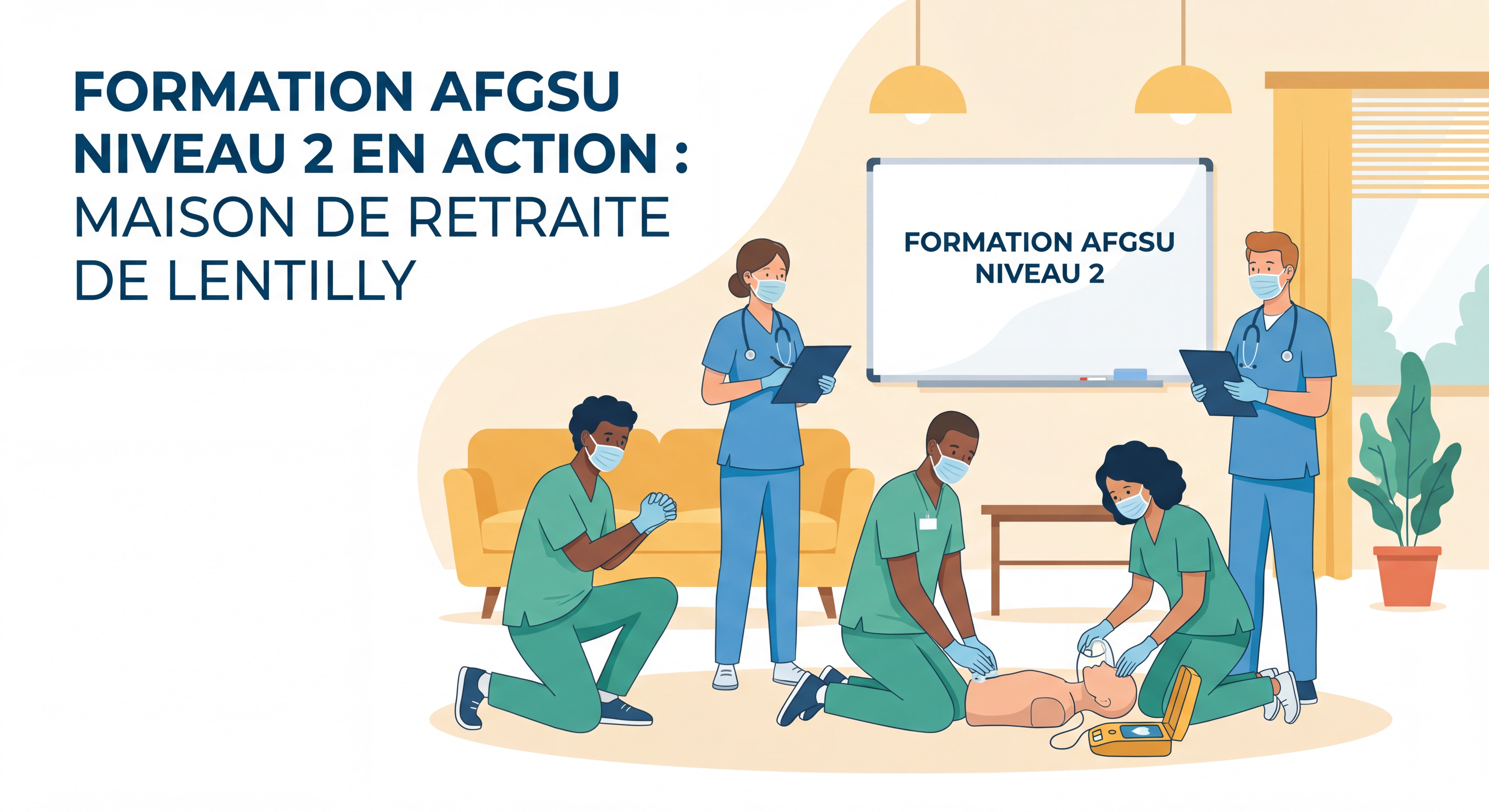 Formation AFGSU niveau 2 en action dans une maison de retraite de Lentilly avec personnel soignant pratiquant les gestes d'urgence