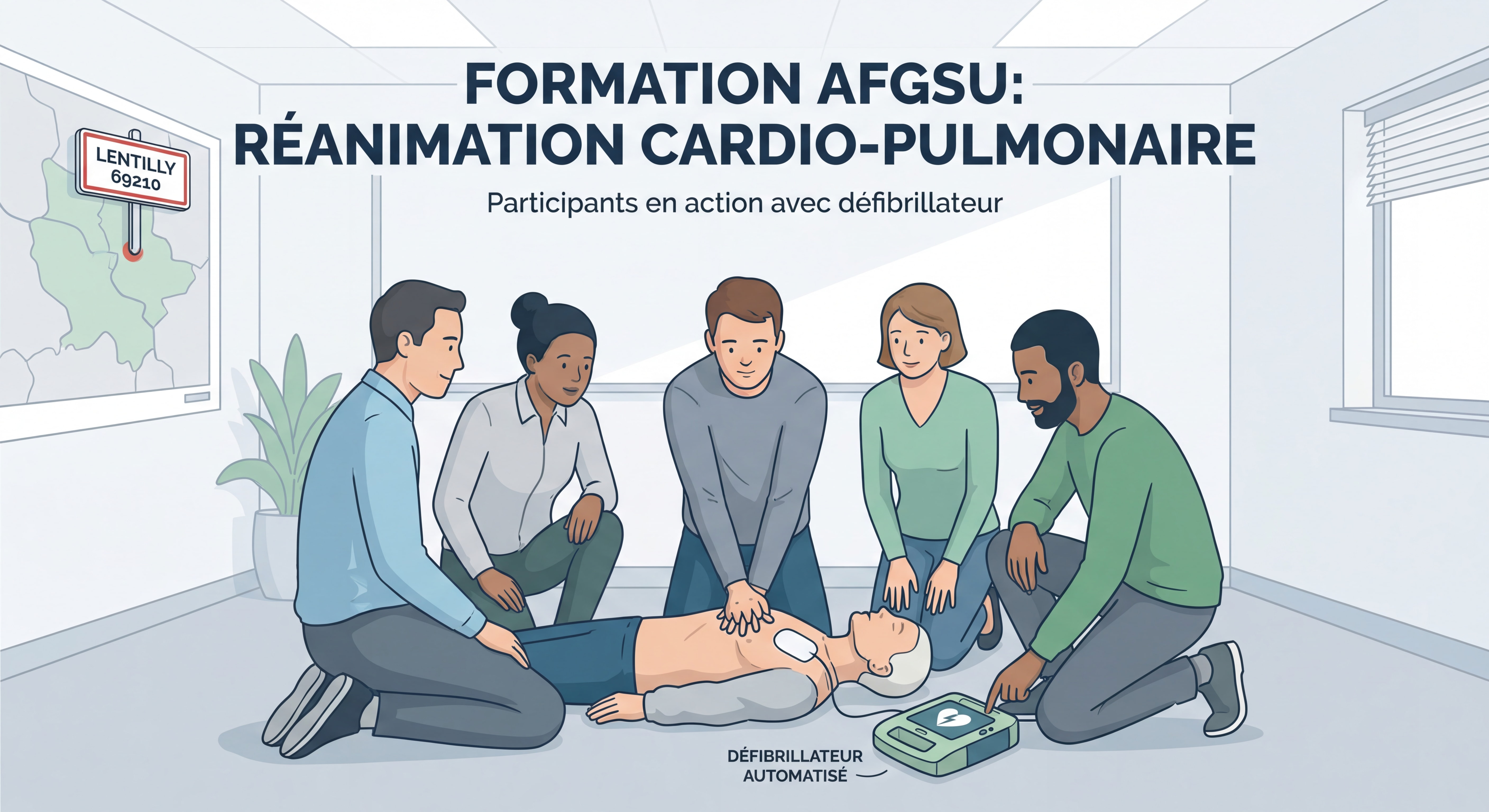Participants de la formation AFGSU pratiquant la réanimation cardio-pulmonaire sur mannequin avec défibrillateur automatisé à Lentilly 69210