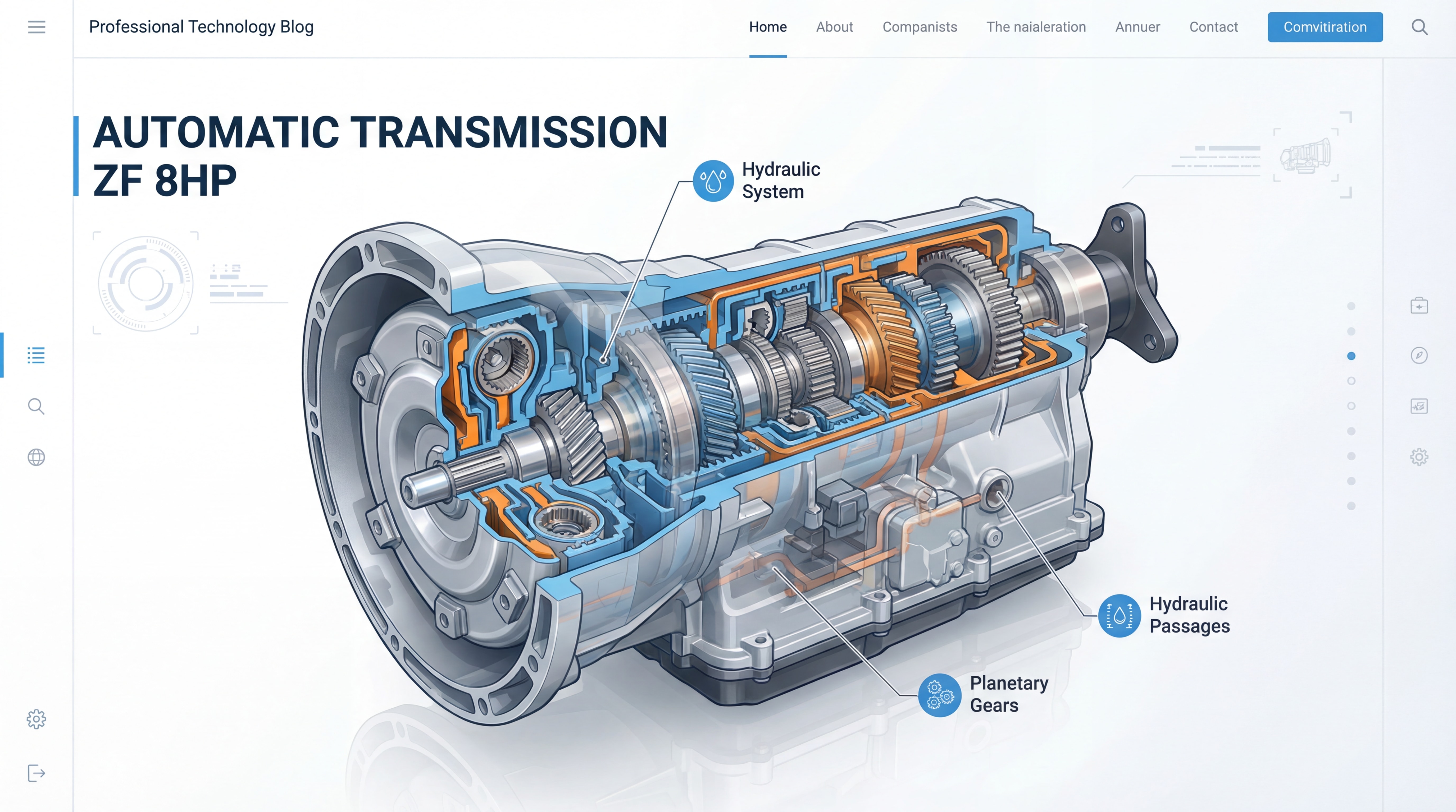 Boîte automatique ZF 8HP en coupe montrant le système hydraulique et les engrenages planétaires