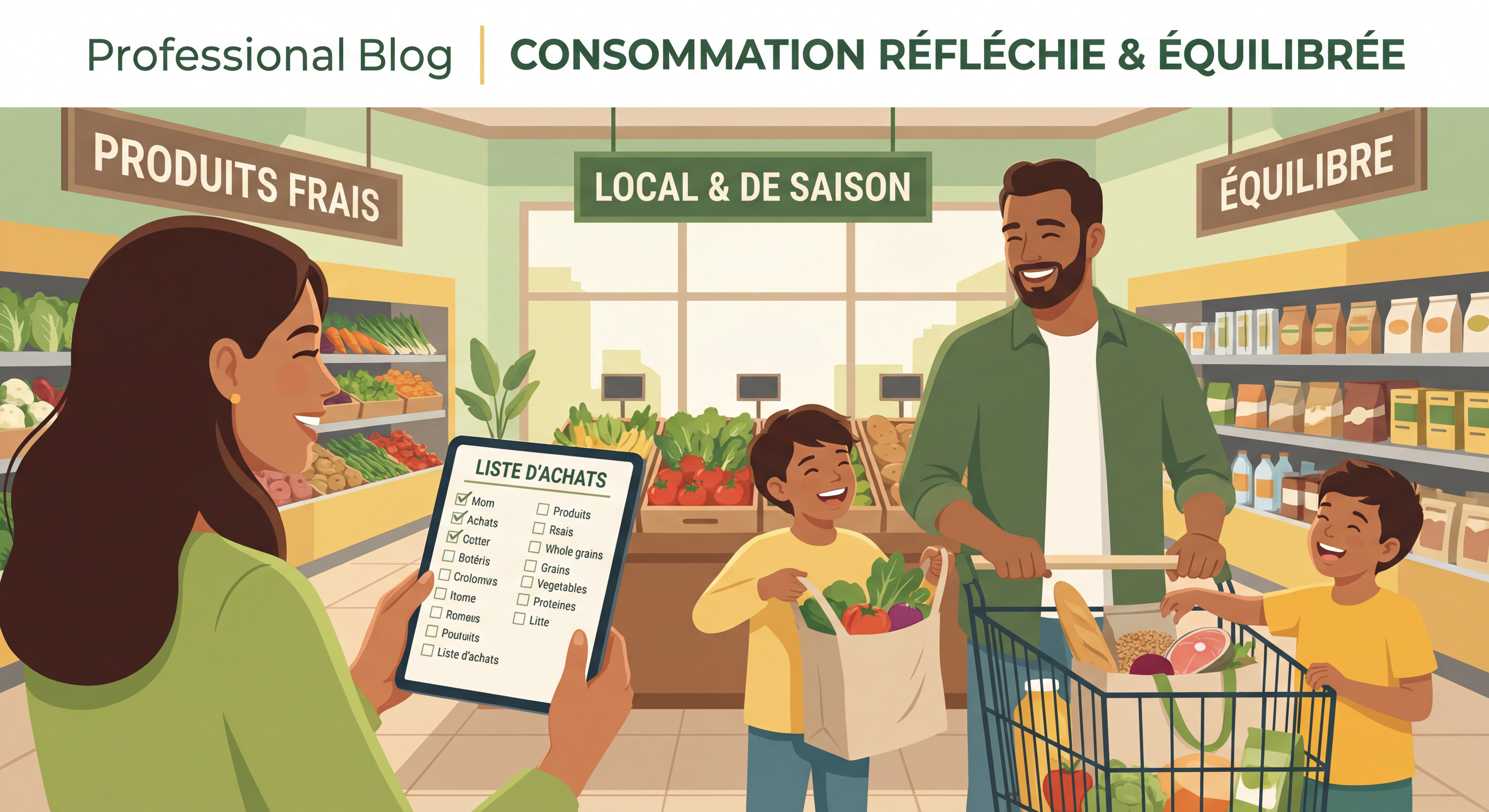 Famille heureuse faisant ses courses avec liste d'achats, illustrant une consommation réfléchie et équilibrée
