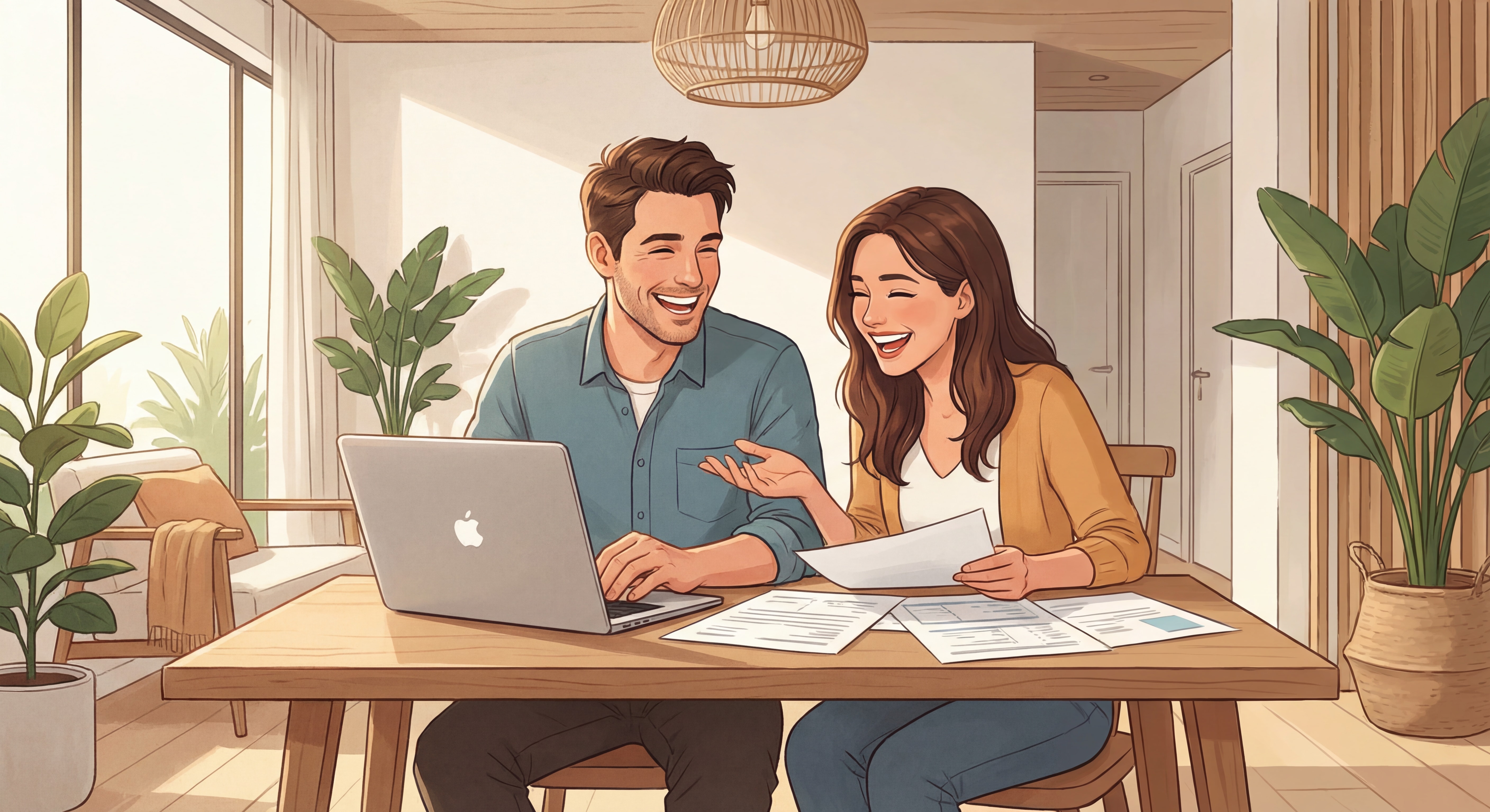 Couple souriant discutant ensemble de leurs finances autour d'une table avec ordinateur et documents, ambiance de communication positive