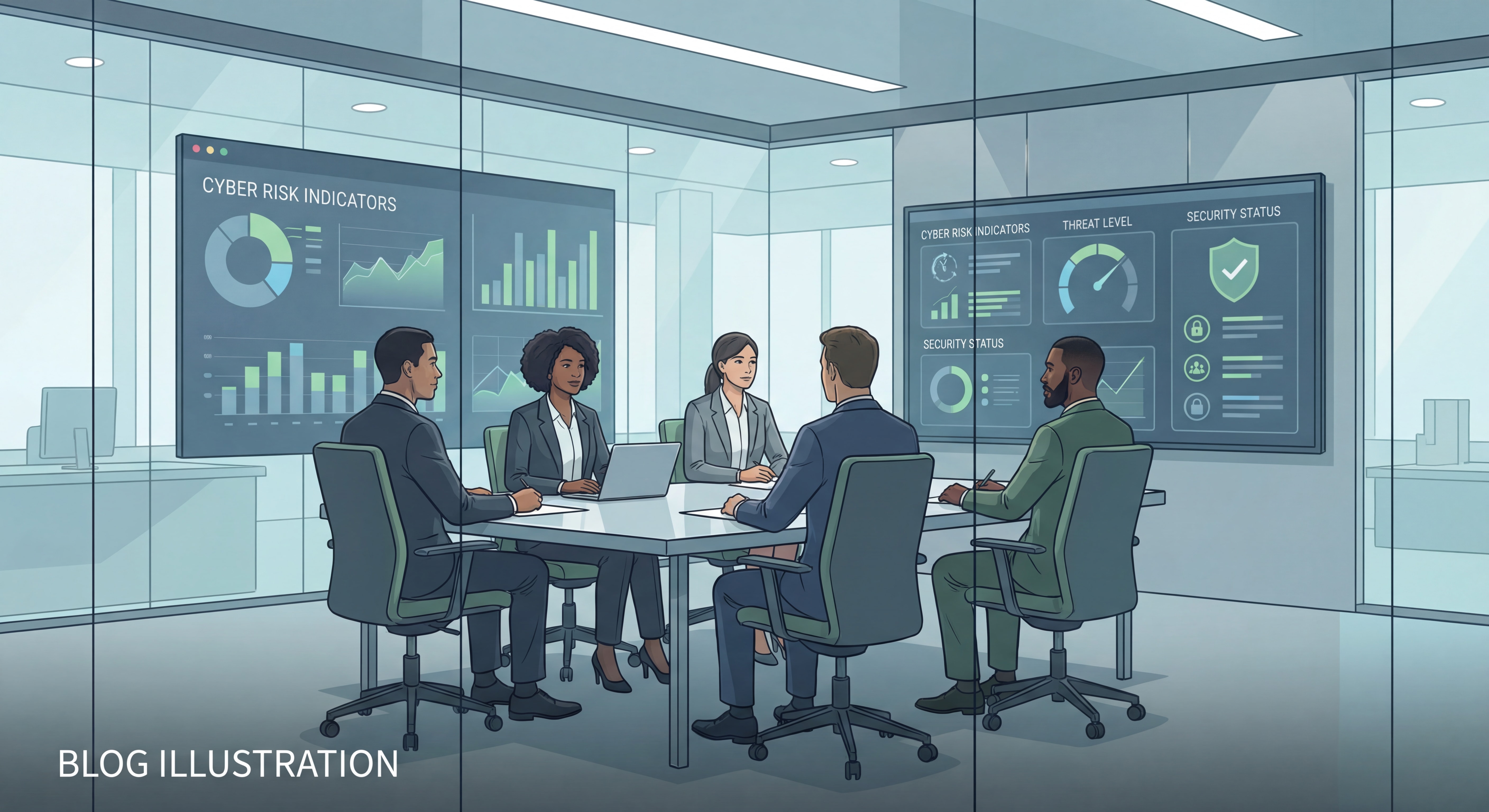 Conseil d'administration analysant des indicateurs de risques cyber sur écrans de contrôle dans une salle de réunion moderne