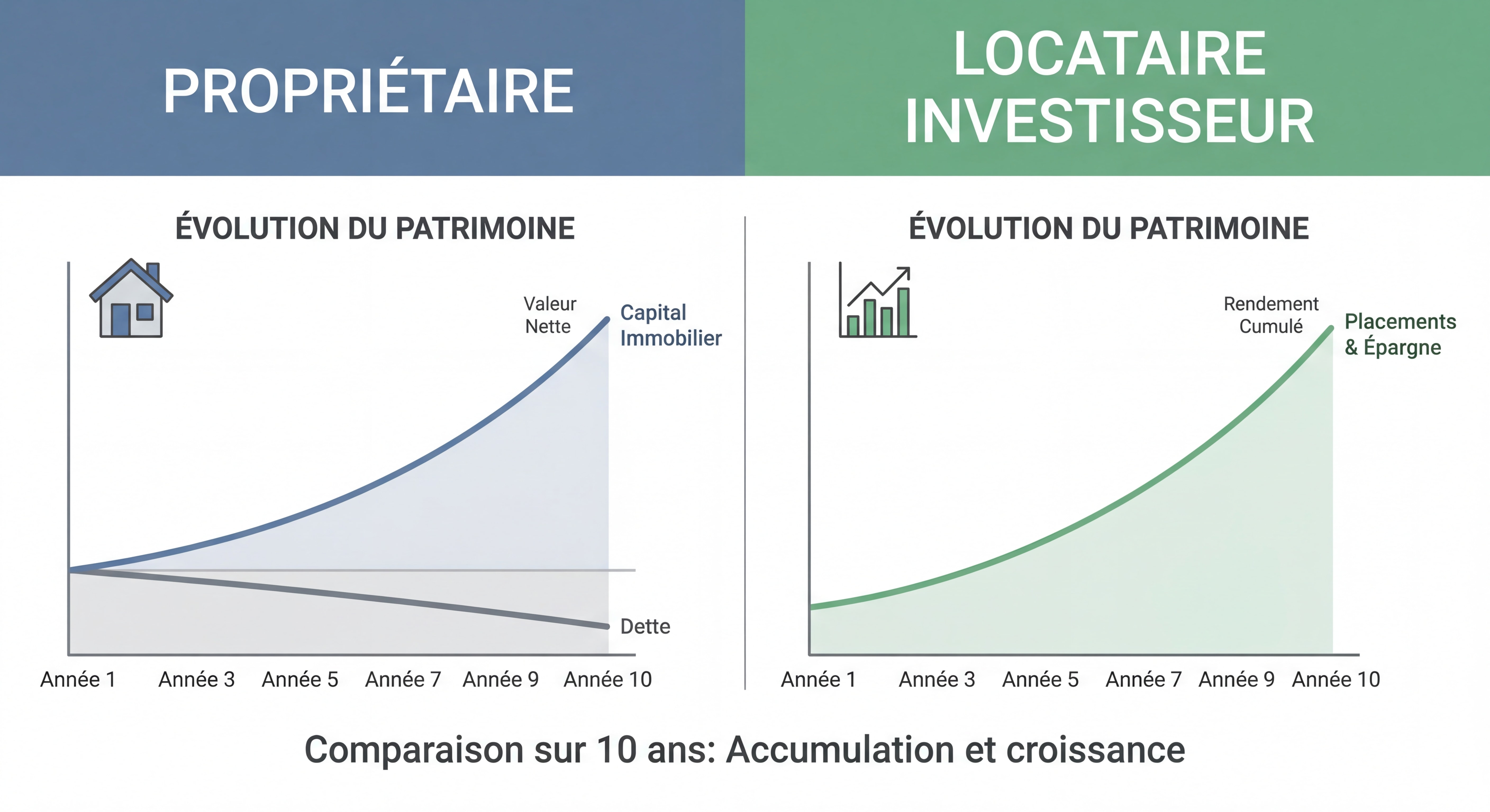 Graphique comparant l'évolution du patrimoine d'un propriétaire vs un locataire investisseur sur 10 ans