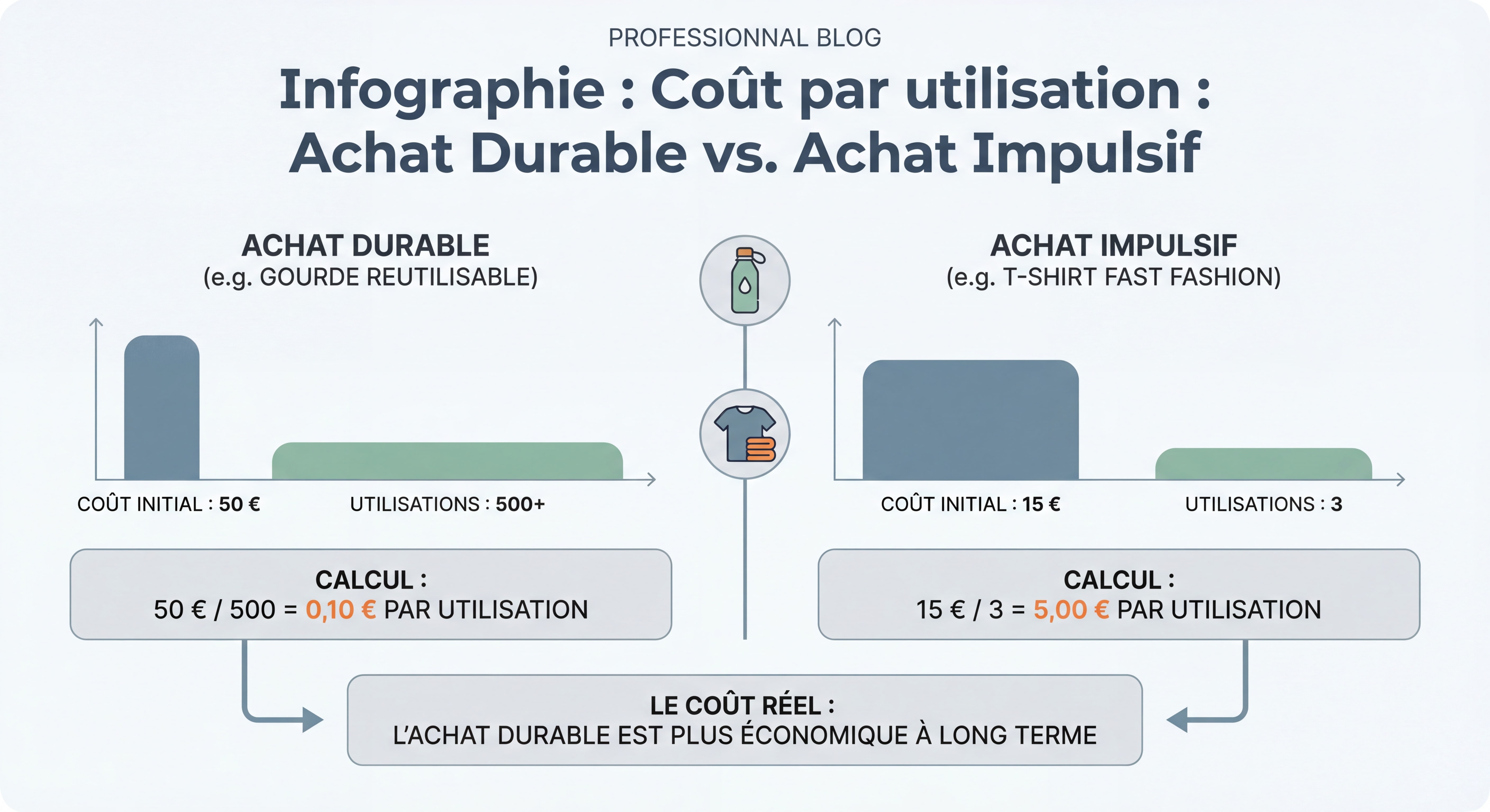 Infographie comparant le coût par utilisation entre un achat durable et un achat impulsif avec graphiques et calculs