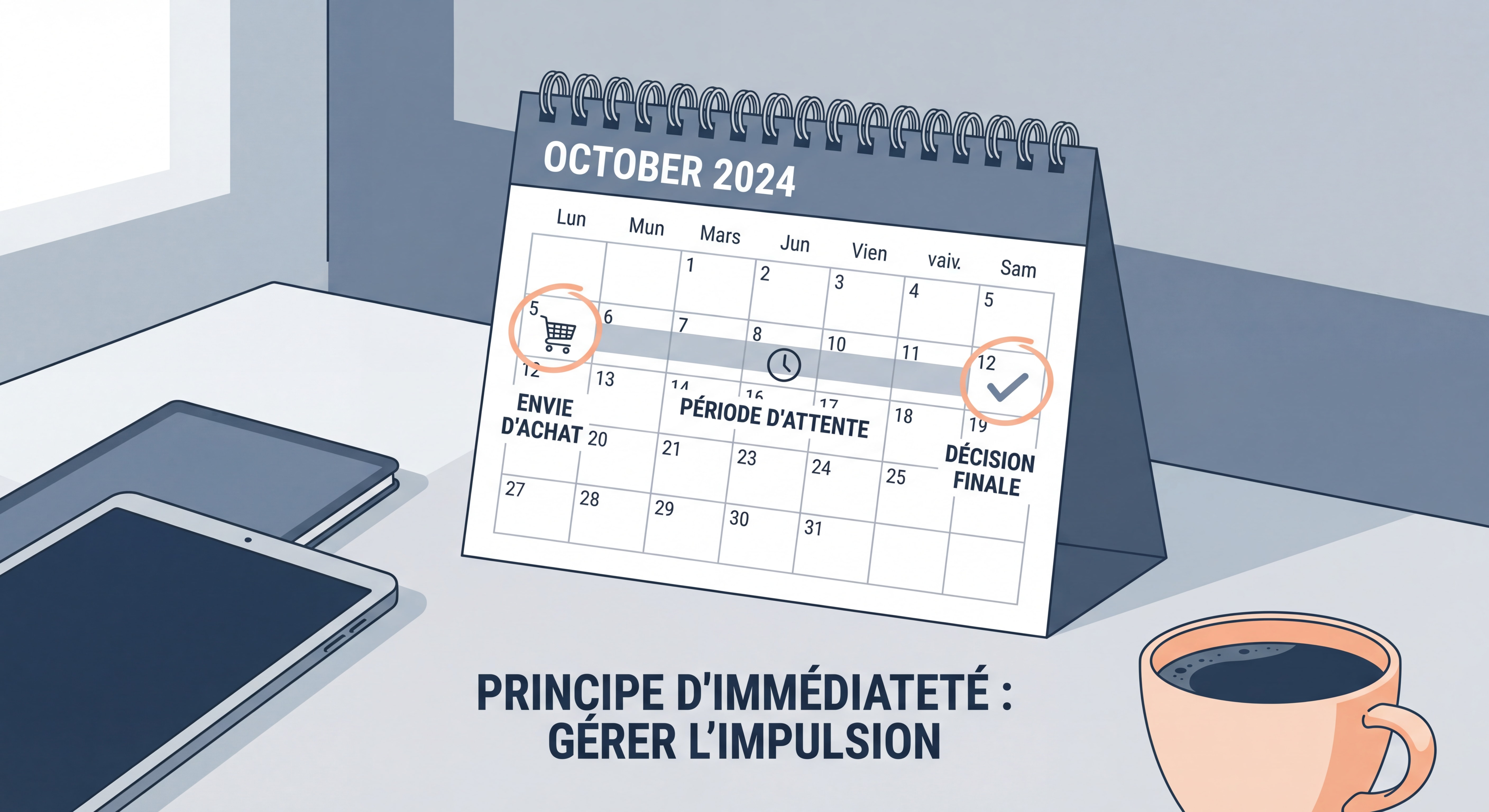 Calendrier avec une période d'attente marquée entre l'envie d'achat et la décision finale illustrant le principe d'immédiateté