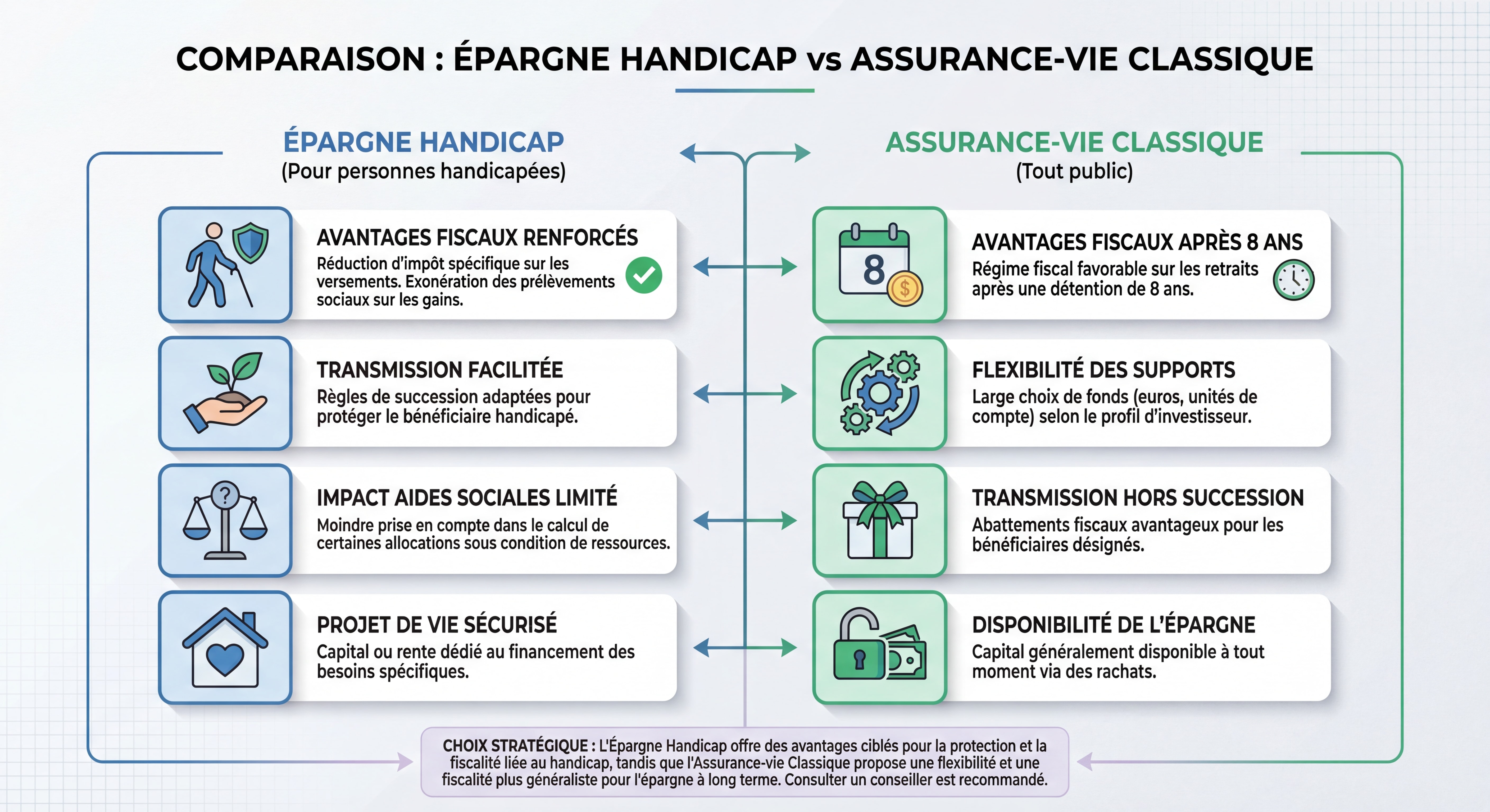 Infographie illustrant les avantages comparés de l'épargne handicap et de l'assurance-vie classique