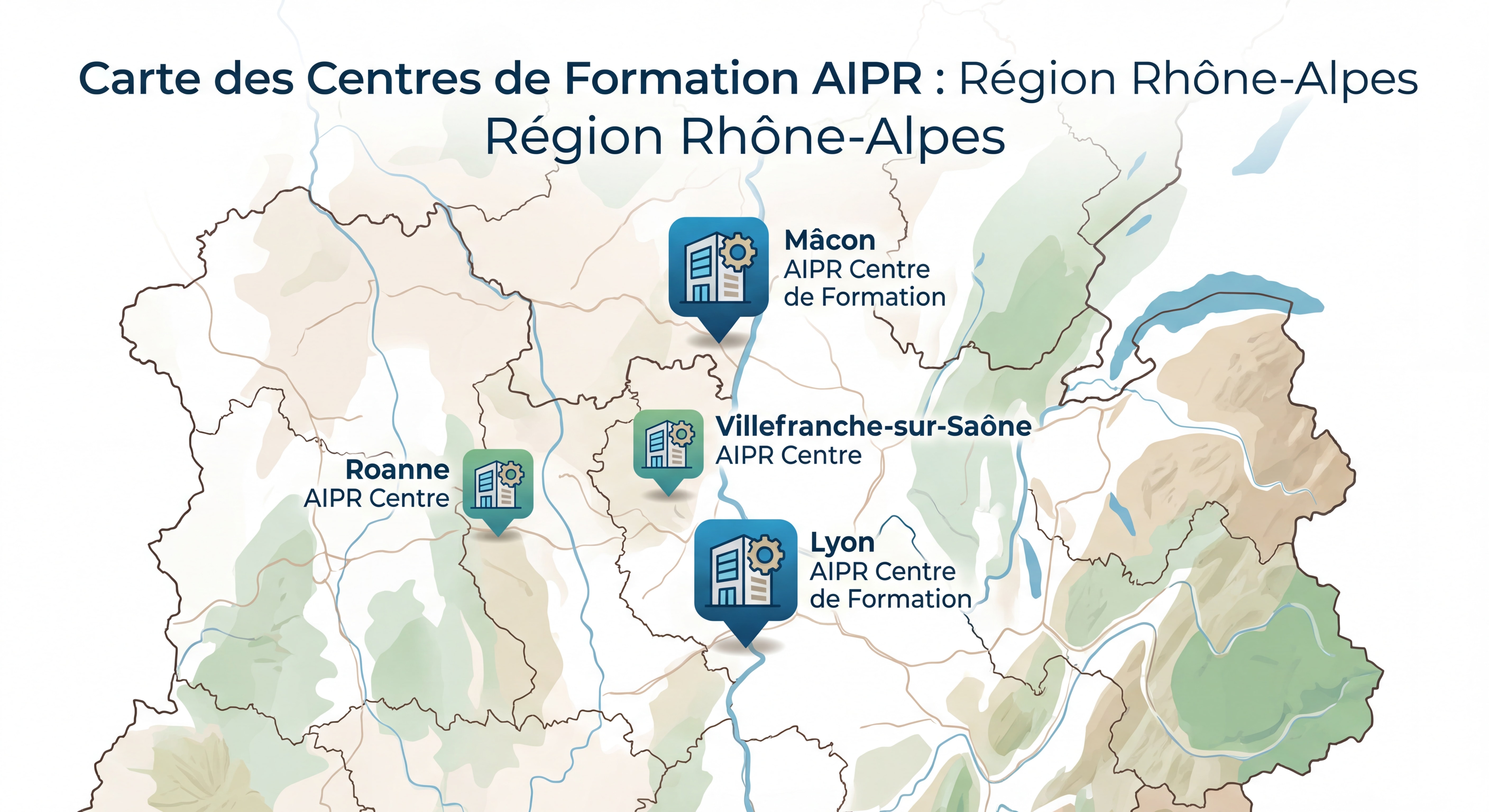 Carte de la région Rhône-Alpes avec localisation des centres de formation AIPR à Lyon, Mâcon, Roanne et Villefranche-sur-Saône