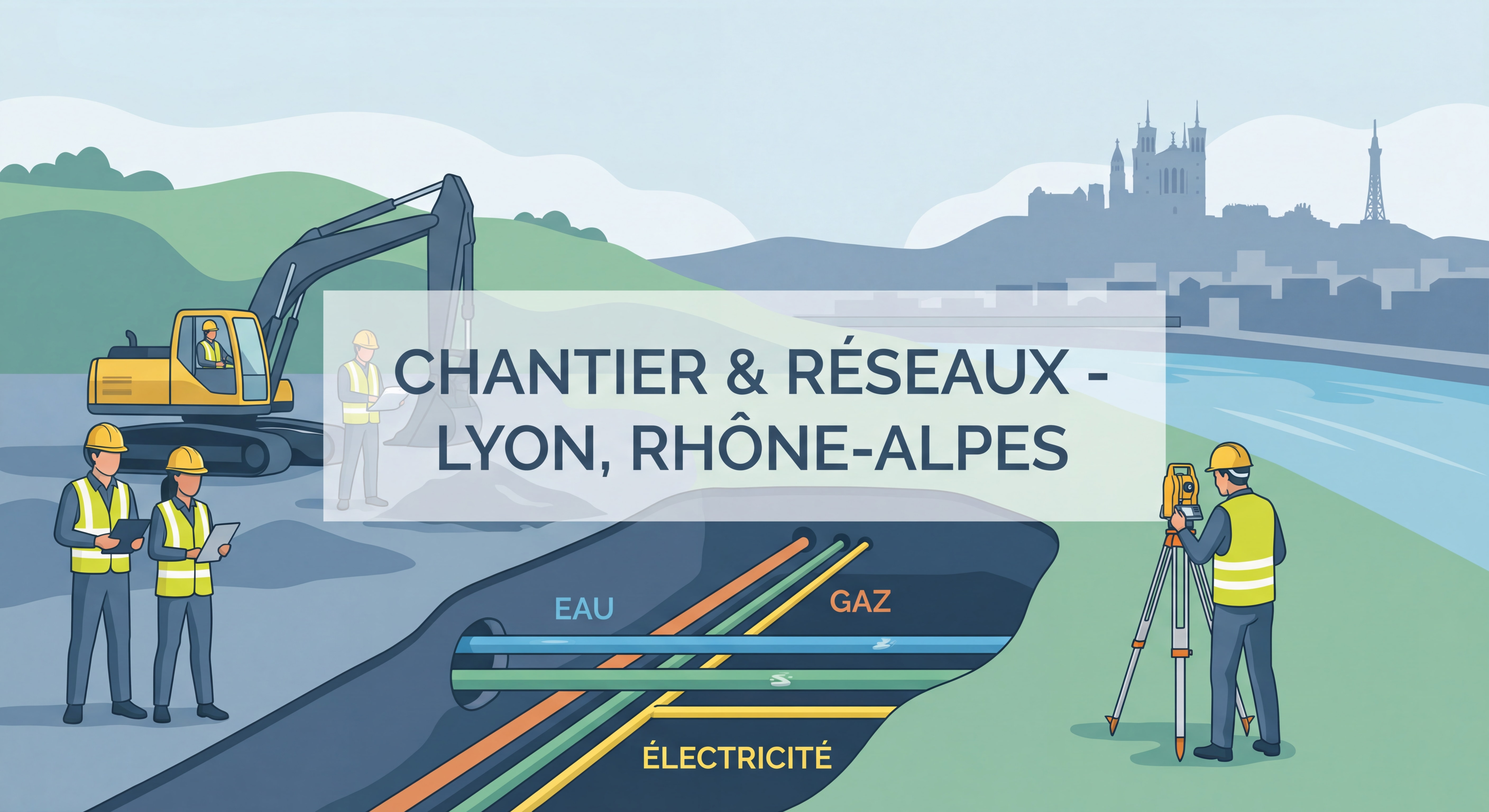 Chantier BTP avec réseaux enterrés et équipe de travail sécurisée à proximité de Lyon, région Rhône-Alpes