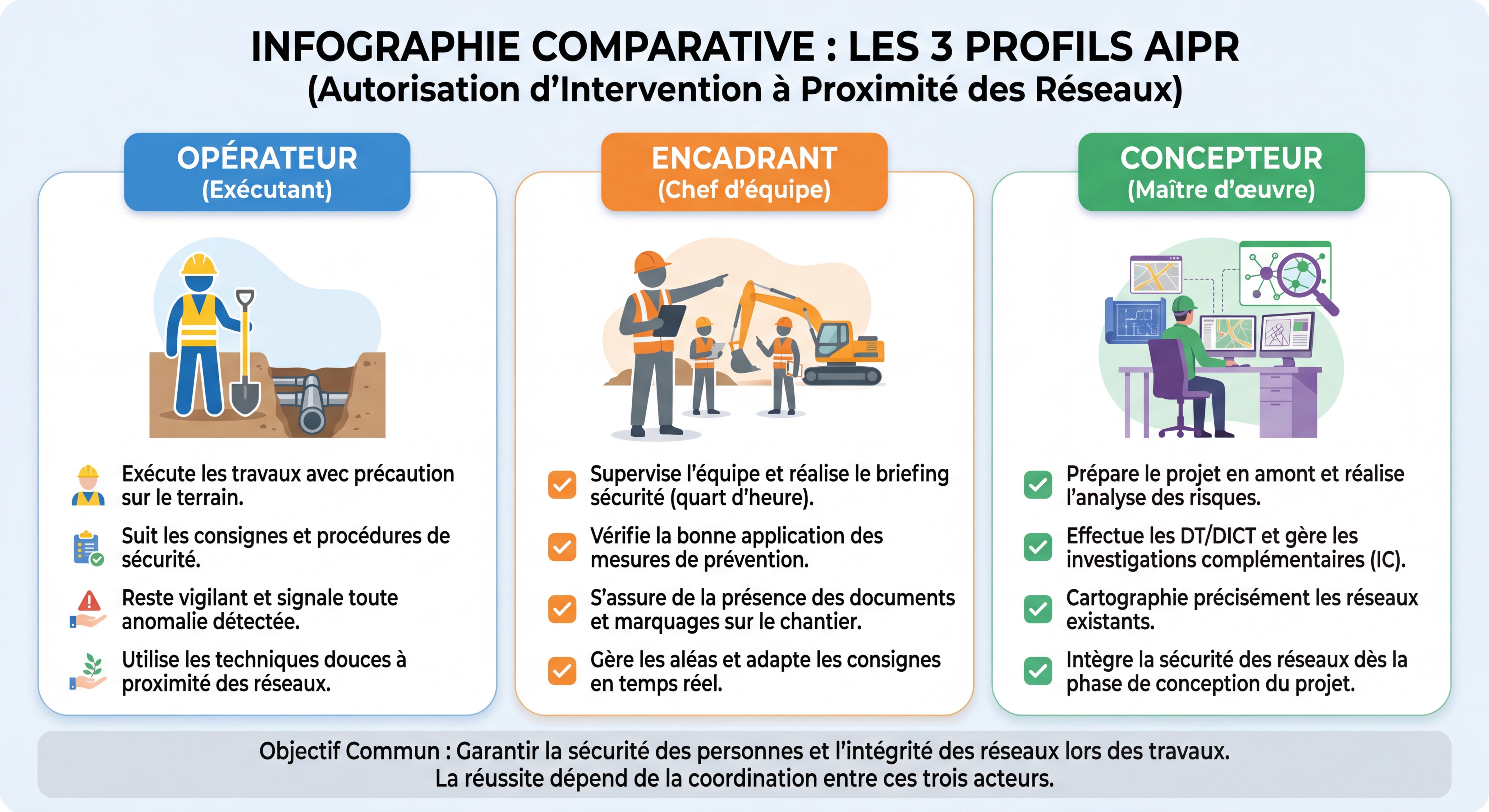Infographie comparative des trois profils AIPR - Opérateur, Encadrant et Concepteur - avec pictogrammes et responsabilités clés