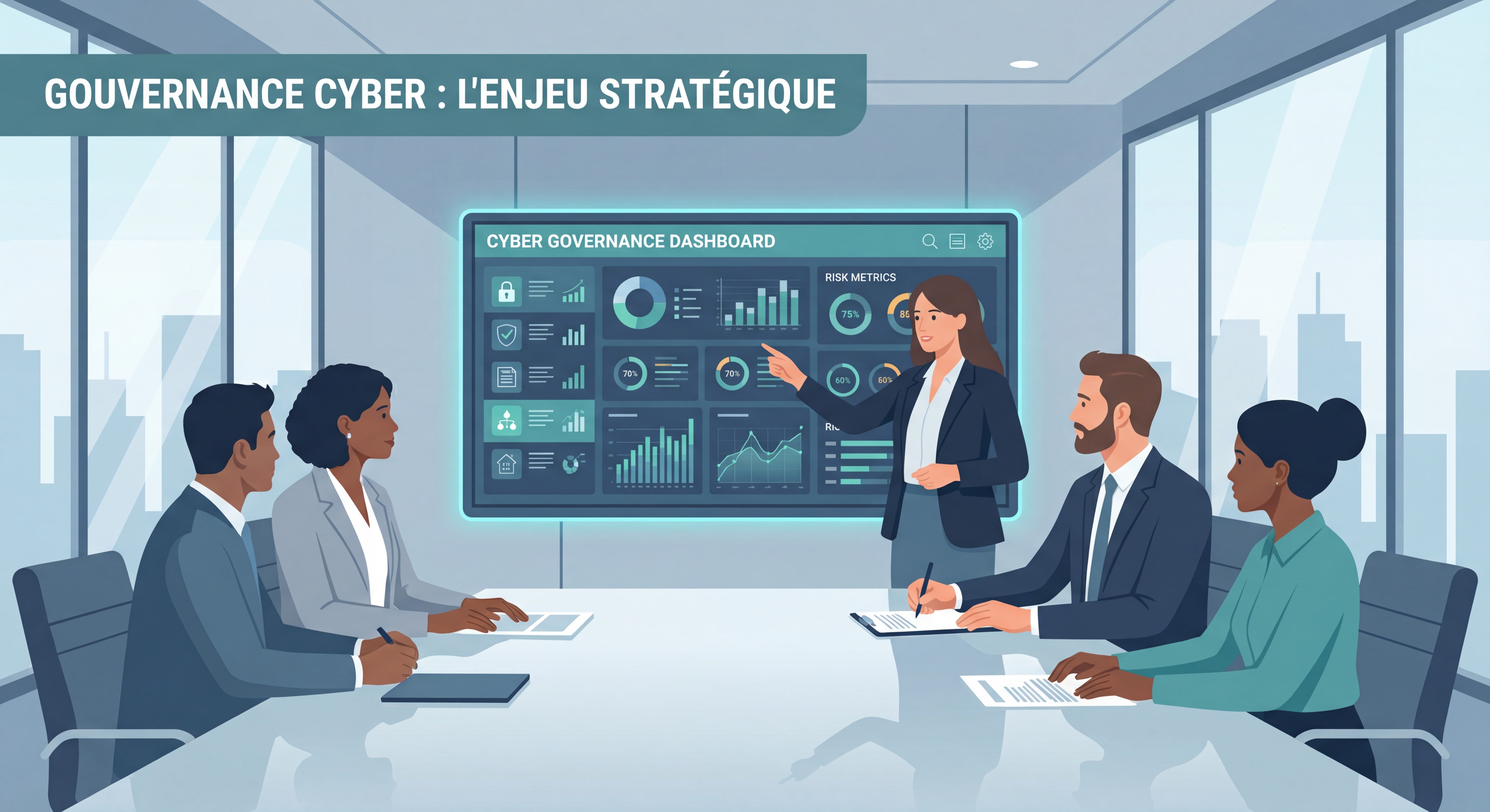 Dirigeants d'entreprise analysant un tableau de bord de gouvernance cyber lors d'une réunion de comité exécutif