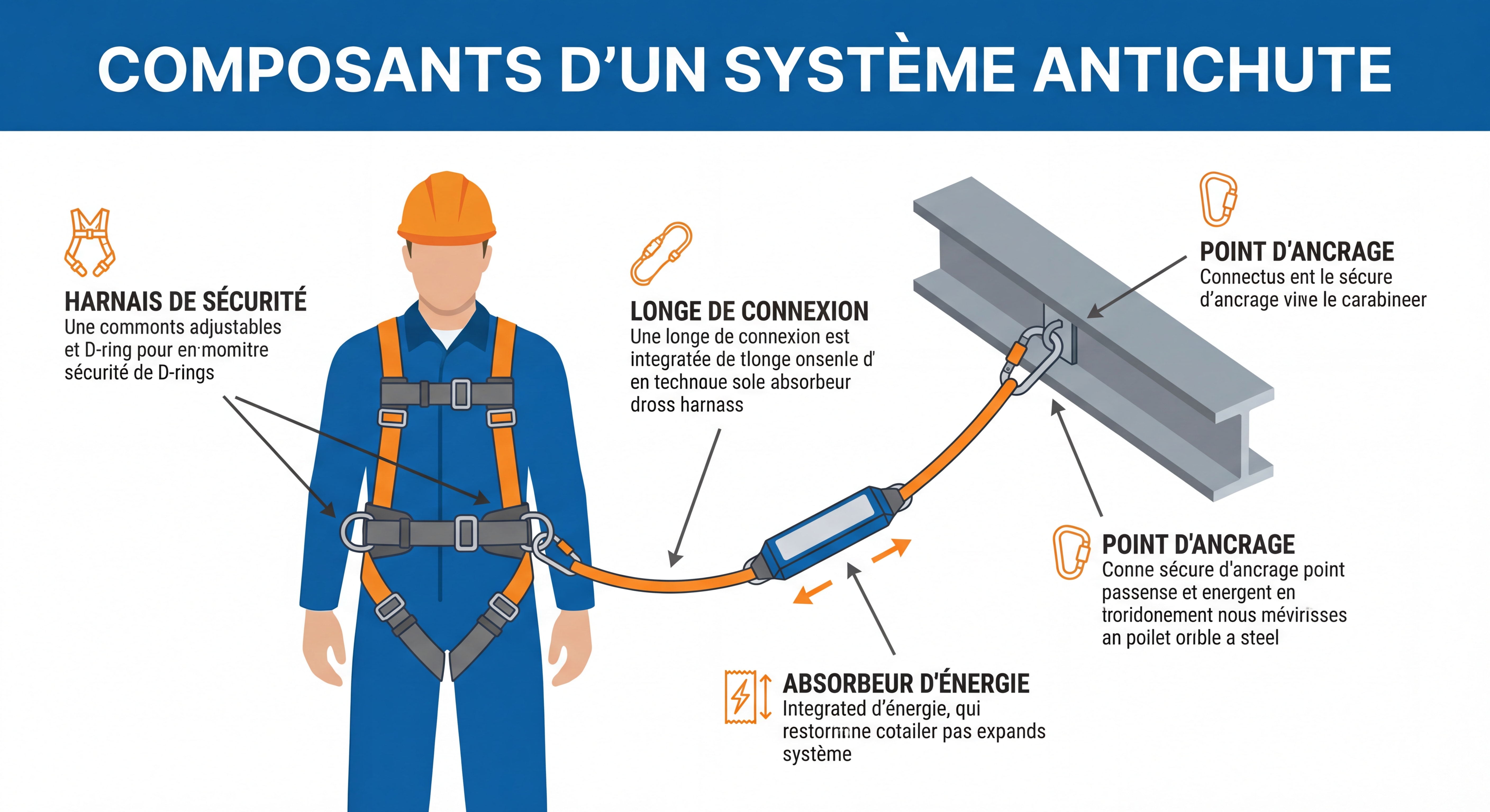 Infographie détaillée montrant les différents composants d'un système antichute : harnais, longe, absorbeur, point d'ancrage