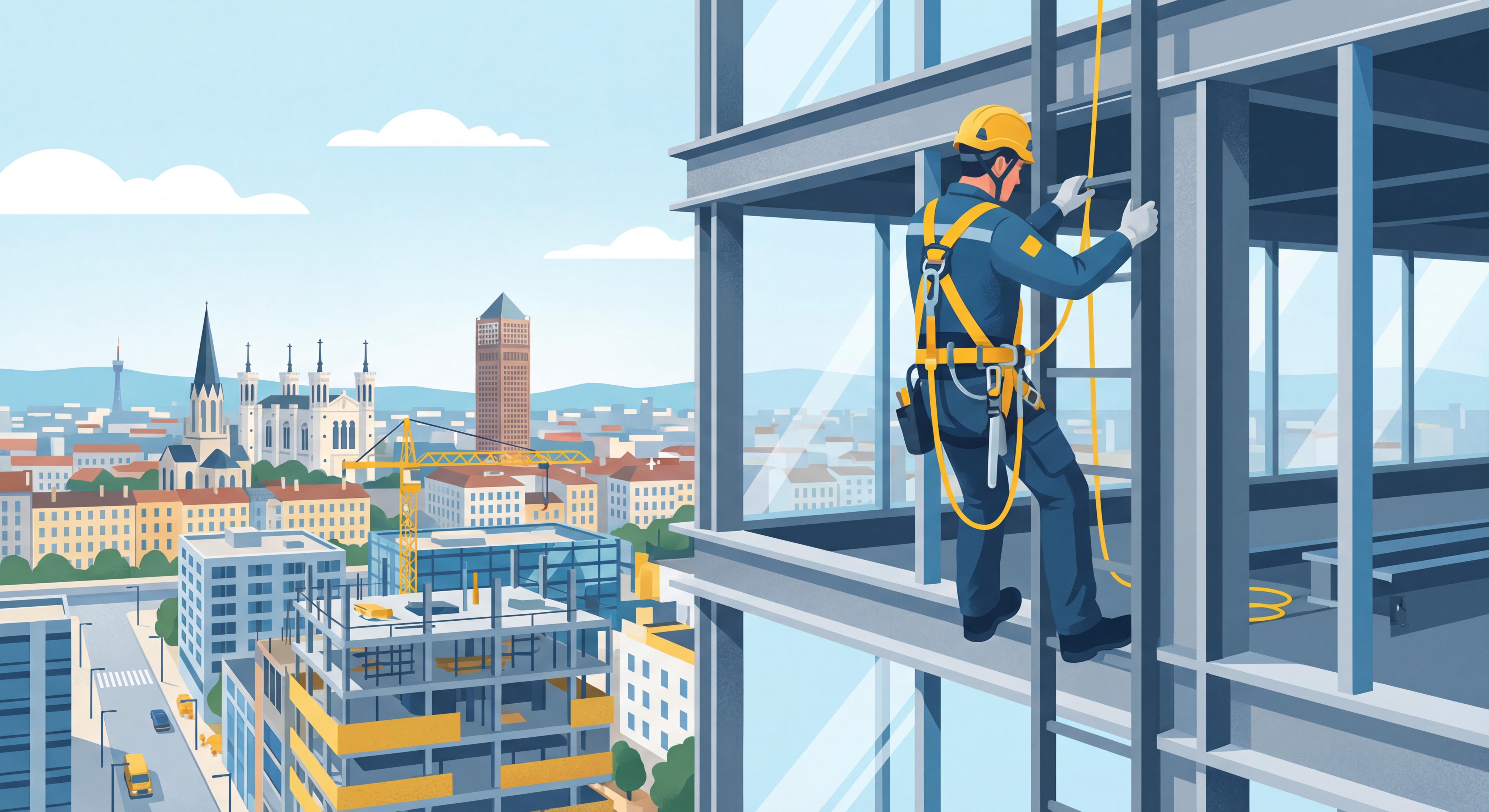 Professionnel équipé d'un harnais de sécurité travaillant en hauteur sur un chantier moderne, Lyon en arrière-plan