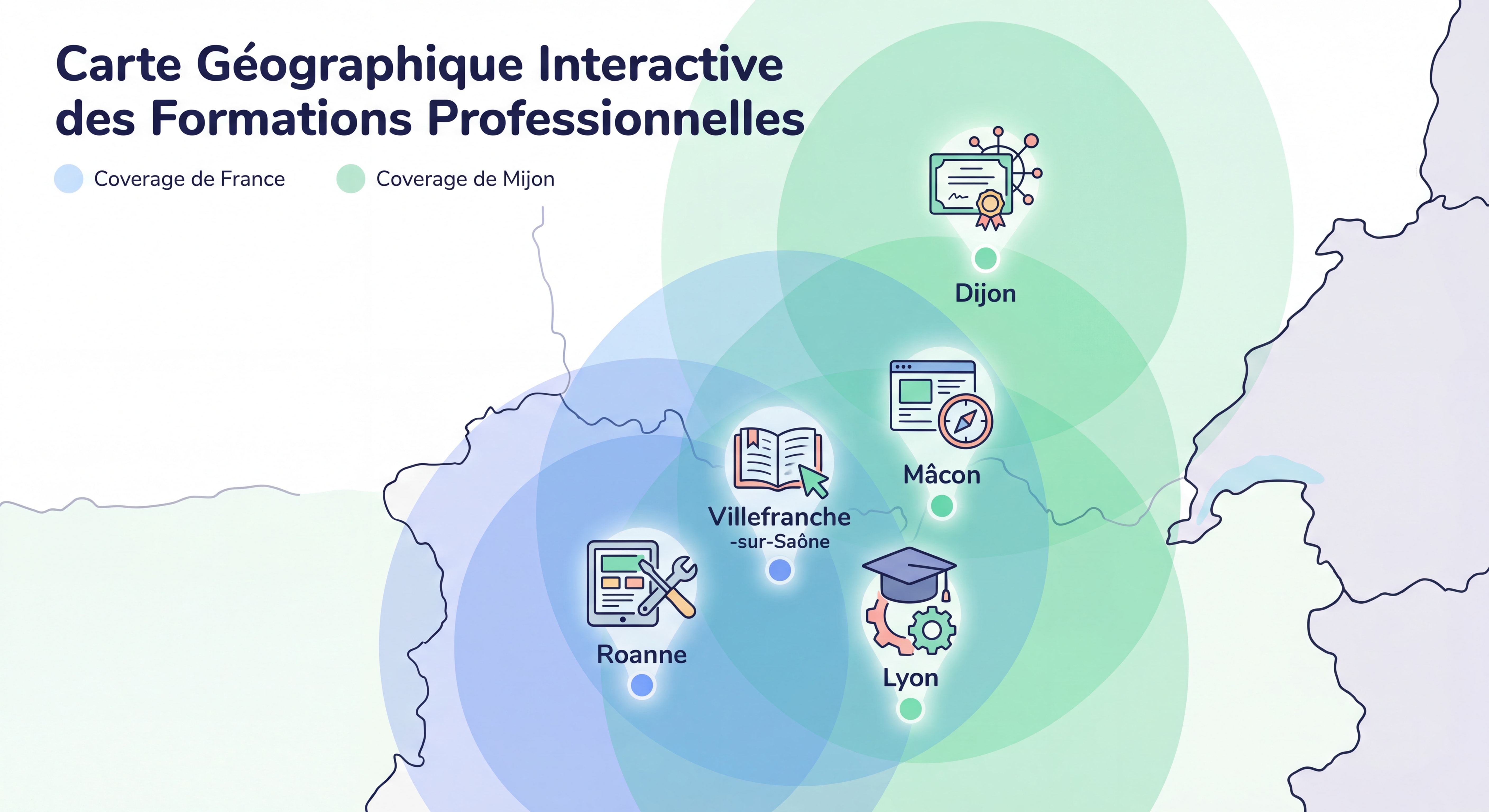 Carte géographique interactive montrant les 5 villes (Lyon, Villefranche-sur-Saône, Mâcon, Dijon, Roanne) avec pictogrammes de formation et zones de couverture