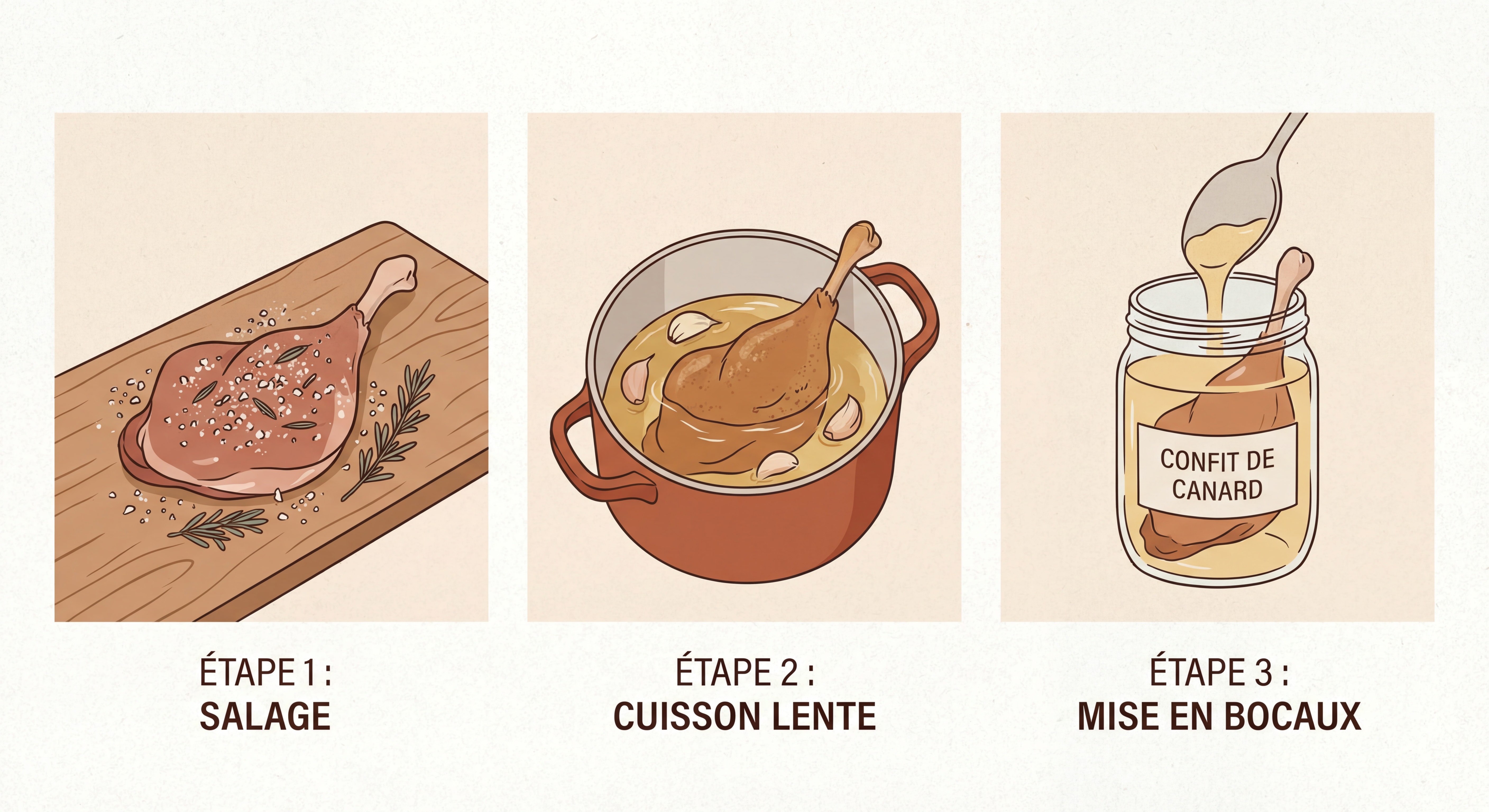 Étapes de préparation du confit de canard avec salage, cuisson et mise en bocaux