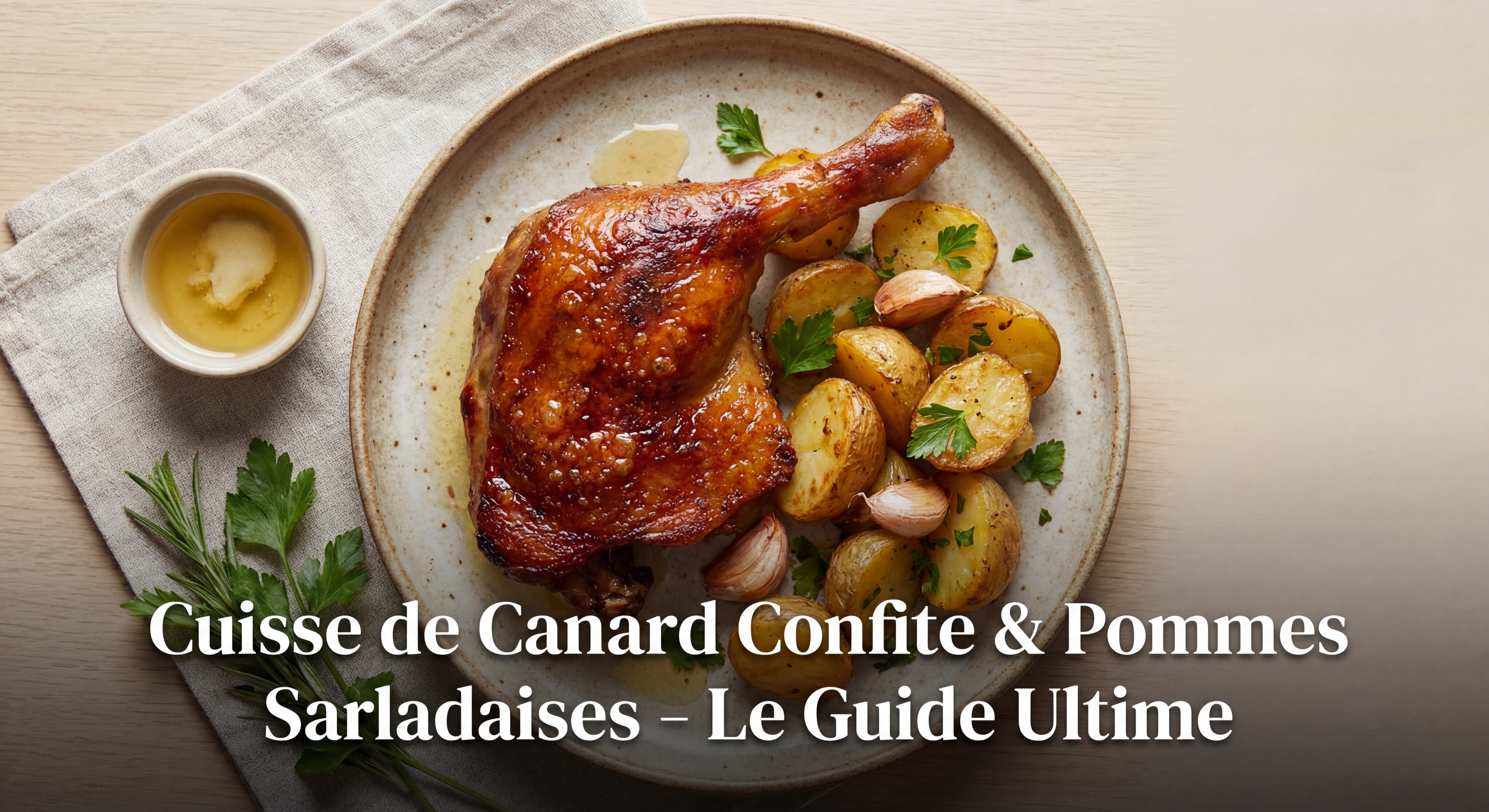 Cuisse de canard confite dorée et croustillante servie avec des pommes de terre sarladaises