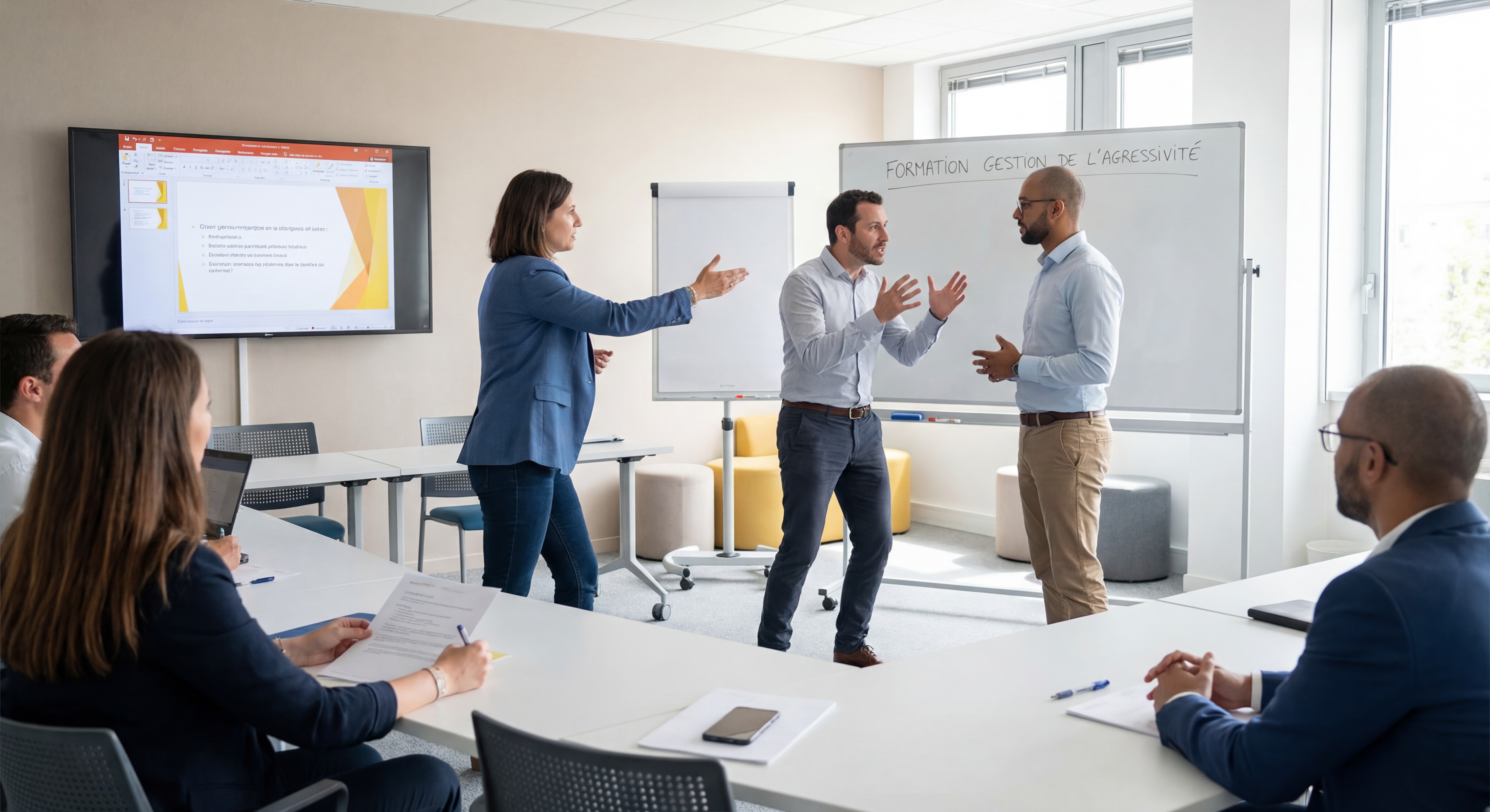 Mise en situation réaliste formation gestion agression - Formateur professionnel et participants en exercice pratique de communication