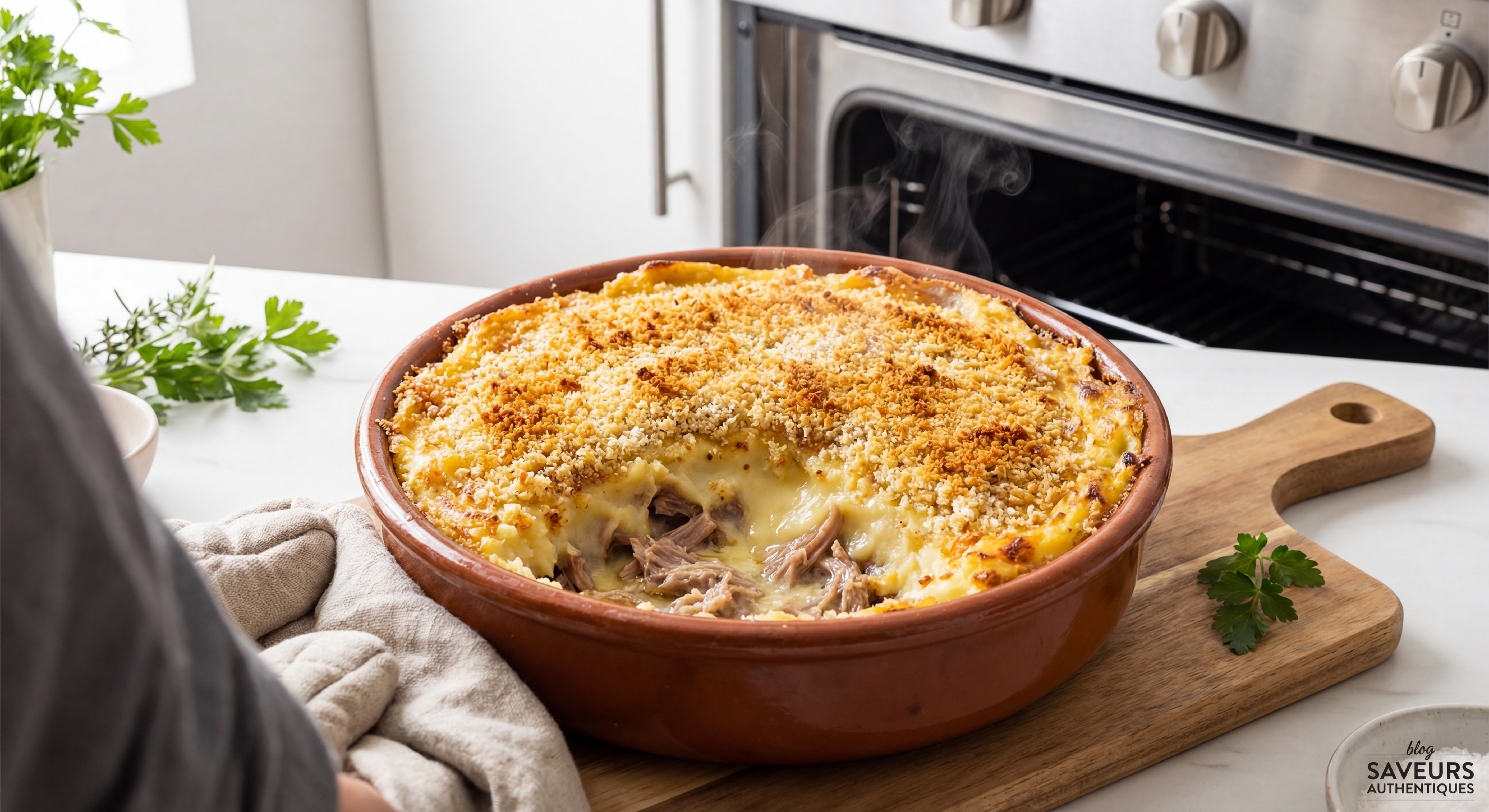 Parmentier de canard confit doré et gratiné sortant du four, avec une croûte croustillante et un cœur fondant