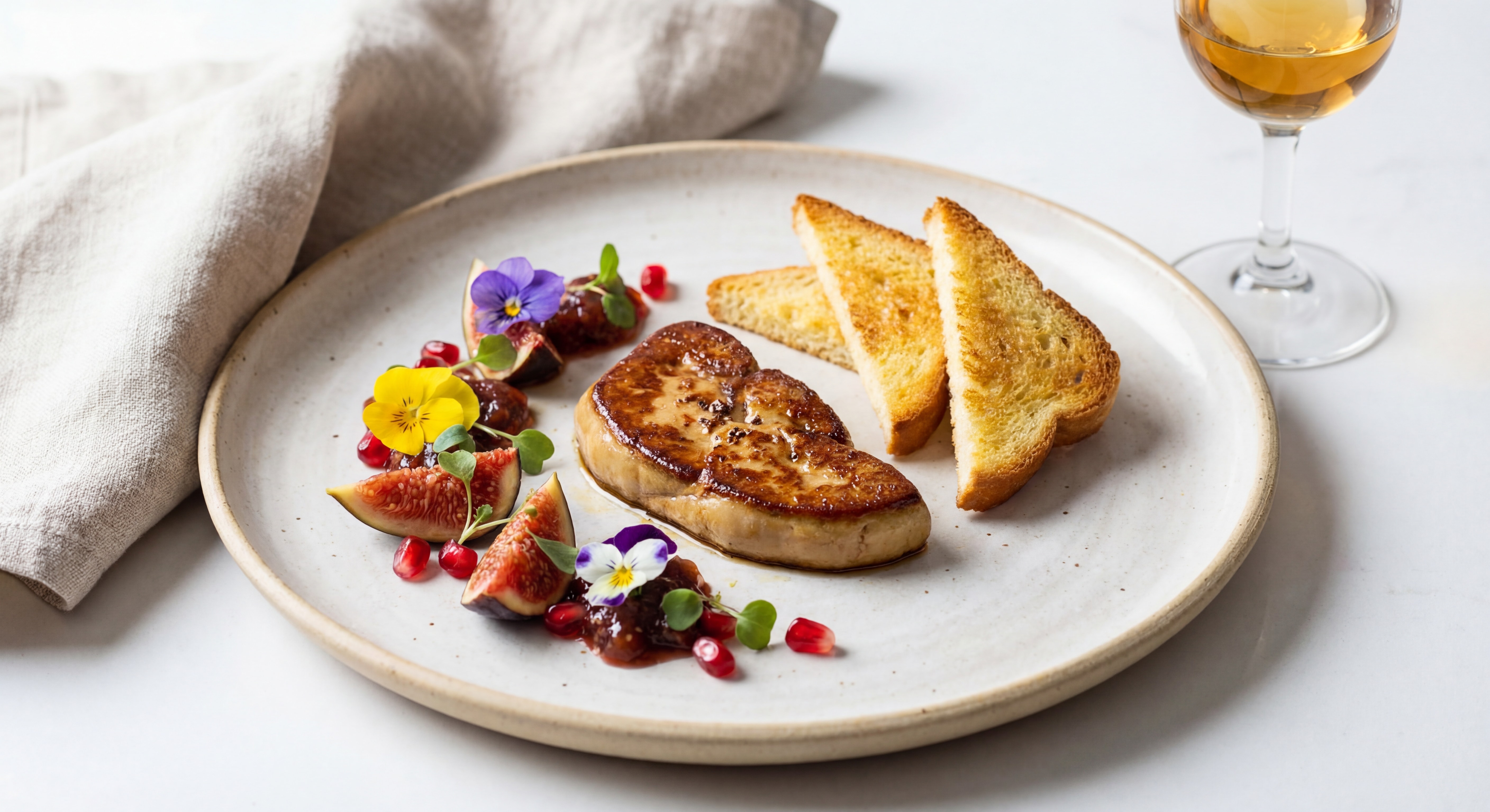 Assiette gastronomique de foie gras poêlé avec accompagnements colorés et dressage professionnel