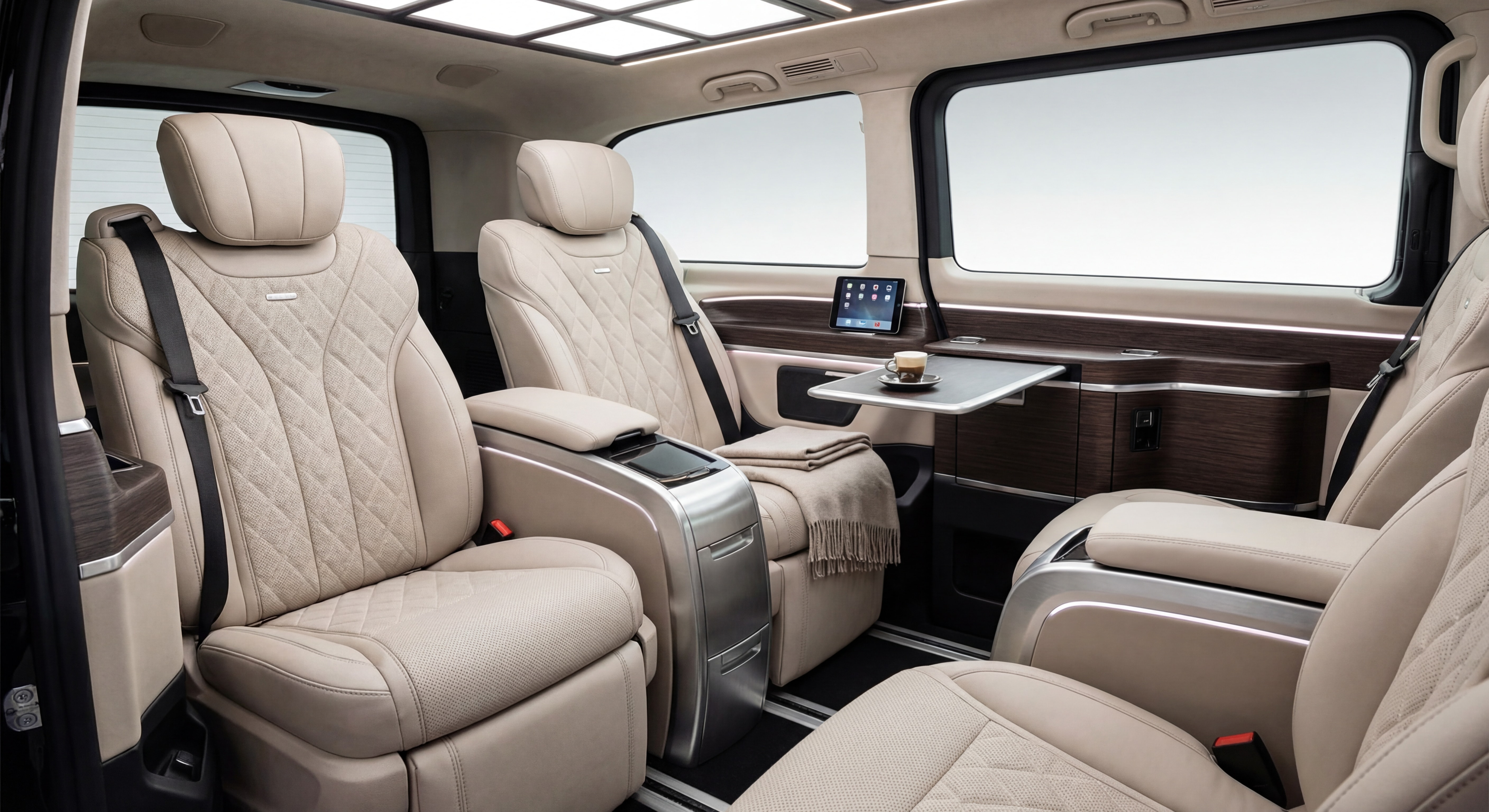 Intérieur luxueux d'un van Mercedes Classe V avec sièges en cuir beige et finitions haut de gamme