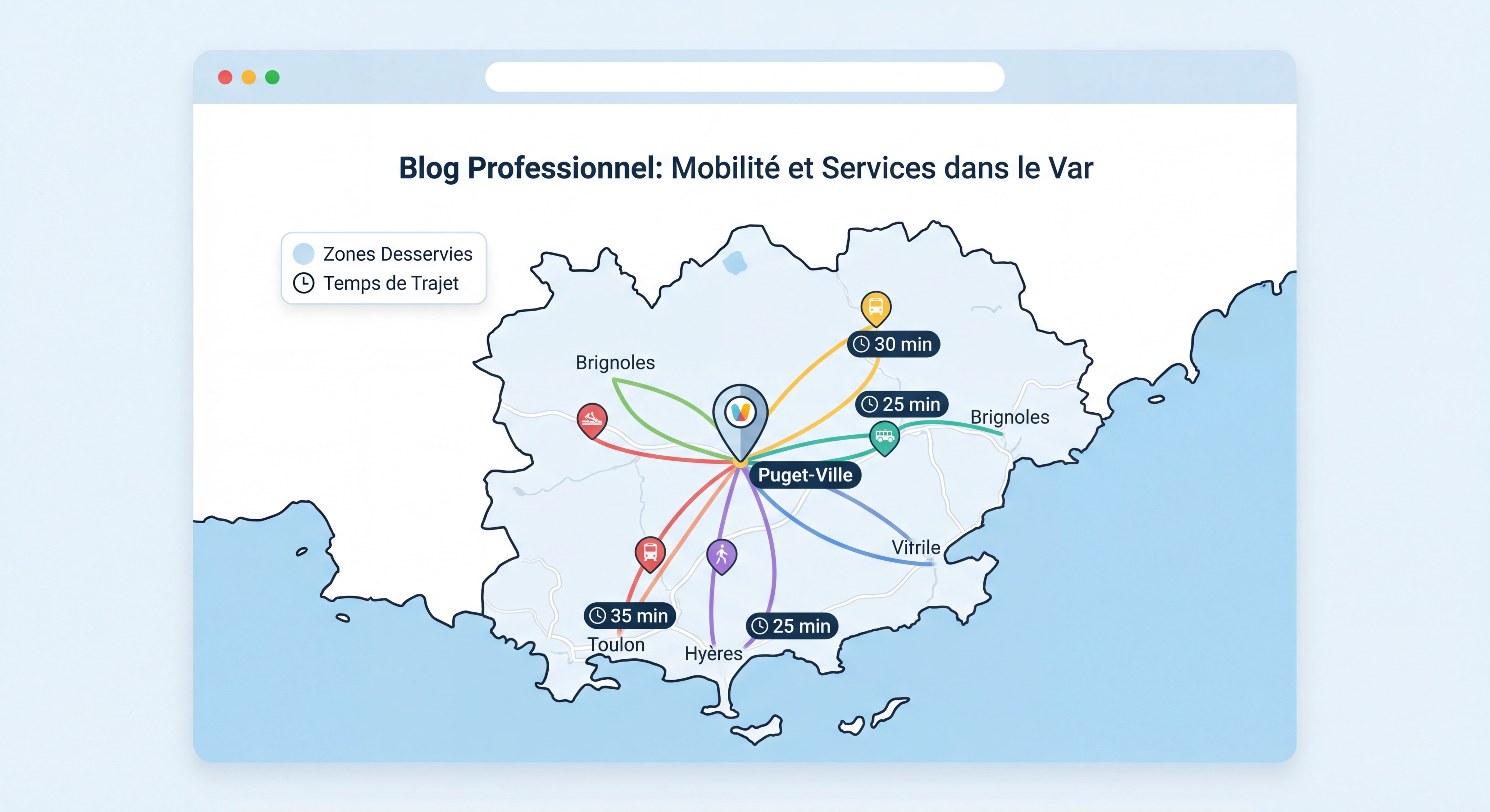 Carte interactive du Var montrant Puget-Ville et les principales zones desservies avec temps de trajet