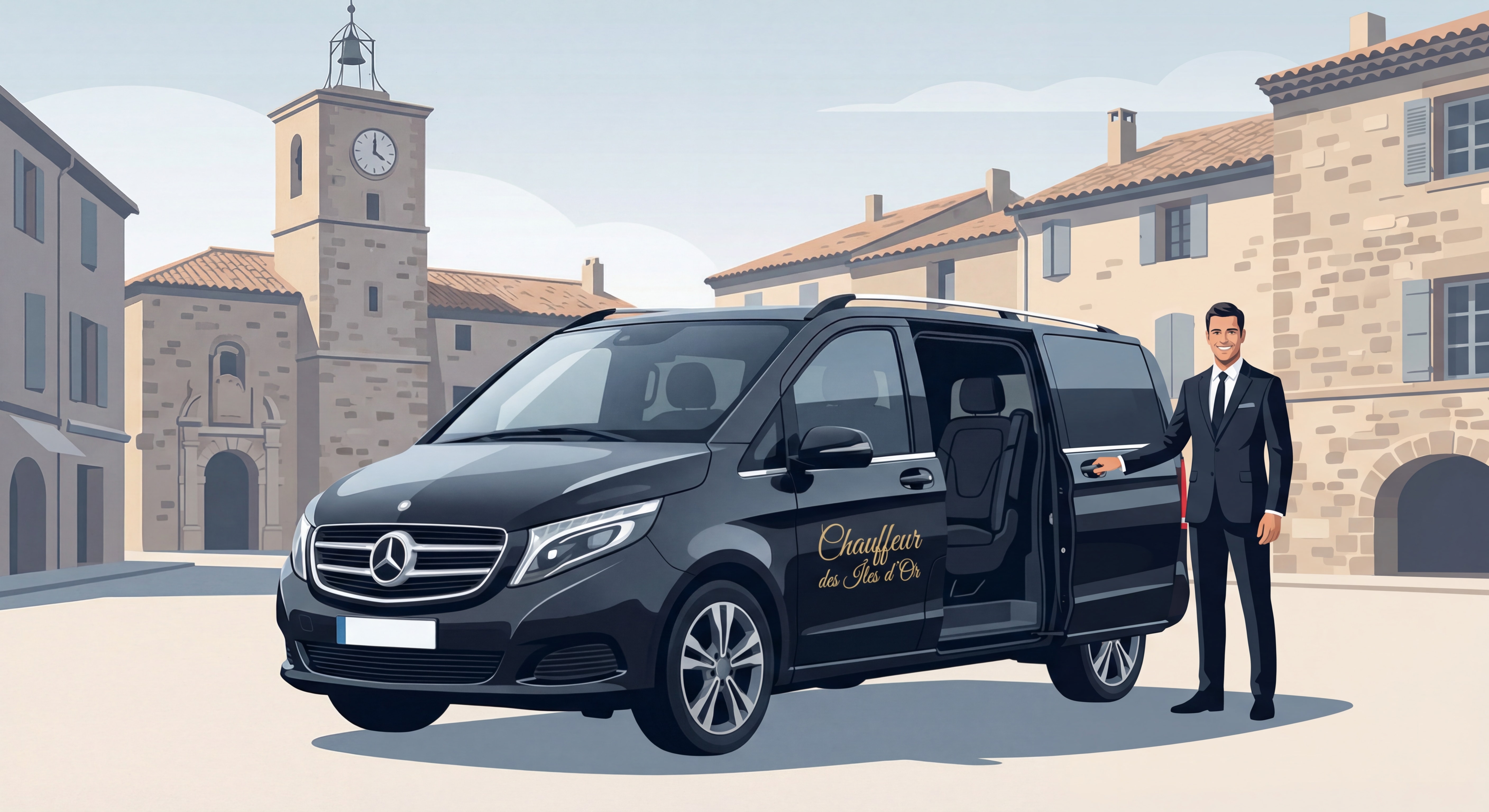 Van Mercedes noir premium floqué Chauffeur des Îles d'Or devant le centre historique de Puget-Ville avec chauffeur en costume