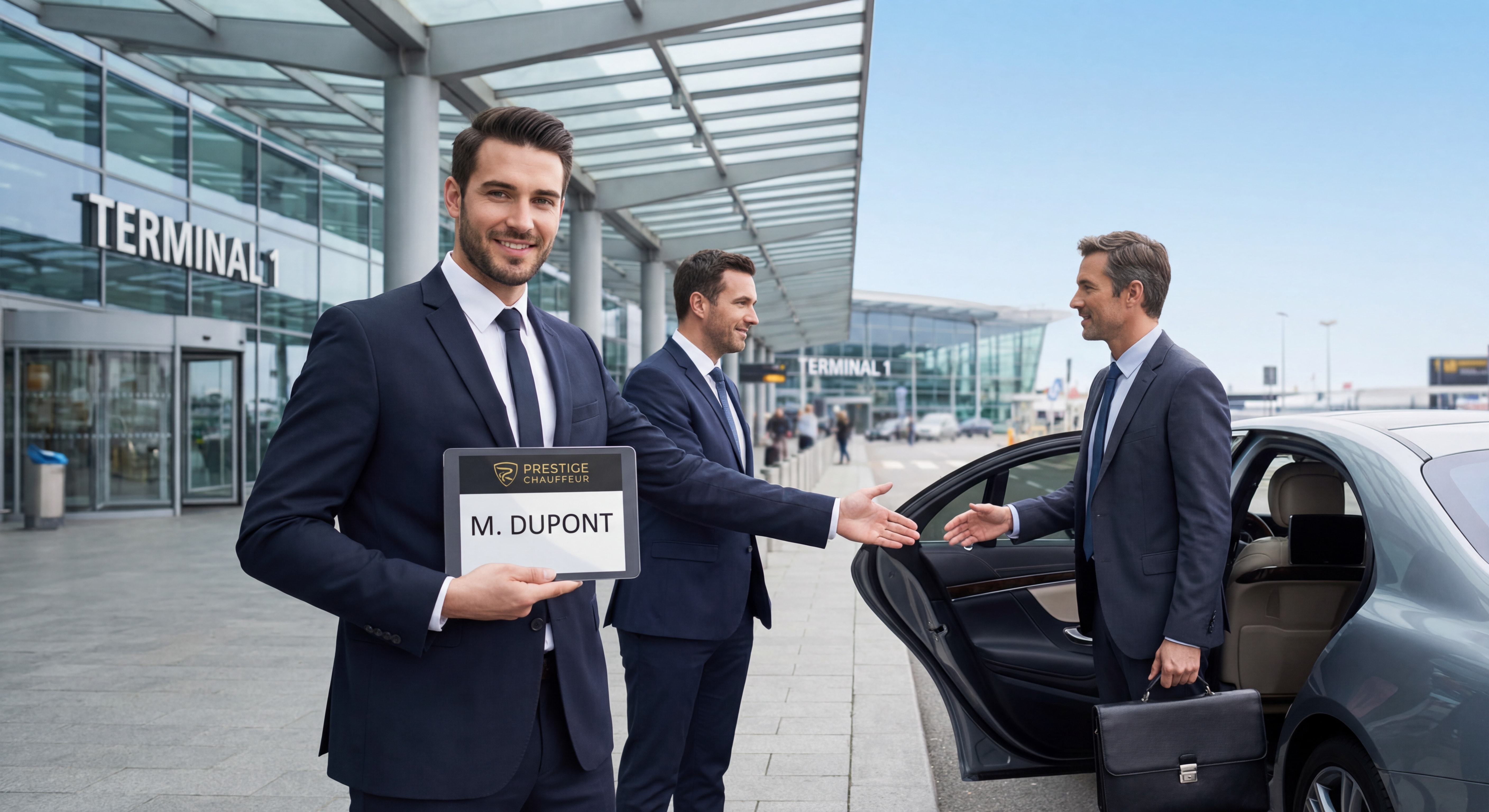Chauffeur professionnel en costume accueillant un client avec pancarte devant un terminal d'aéroport