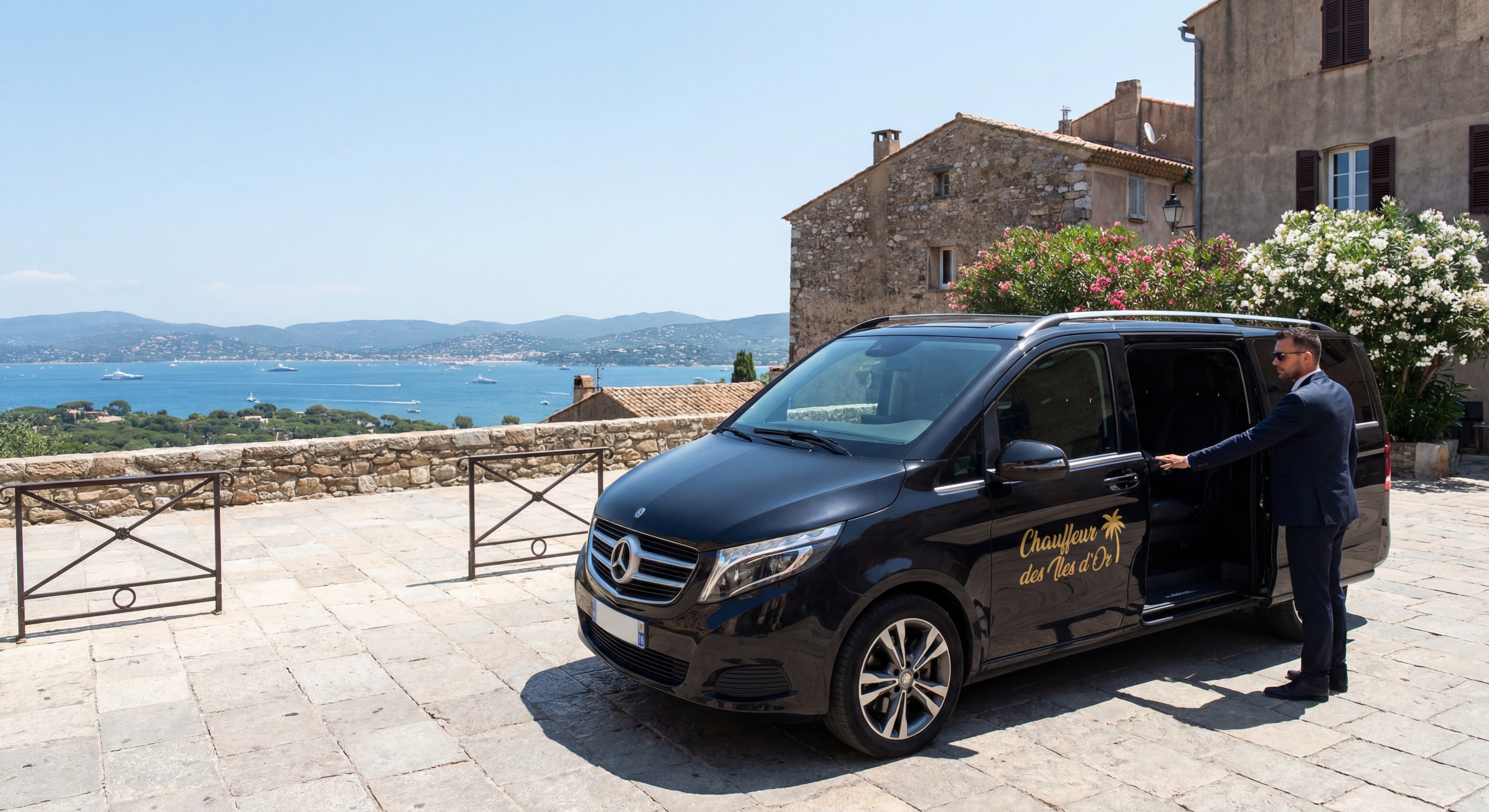 Van Mercedes noir floqué Chauffeur des Iles d'Or devant la Place des Barri à Gassin avec vue panoramique sur le Golfe de Saint-Tropez et chauffeur en costume