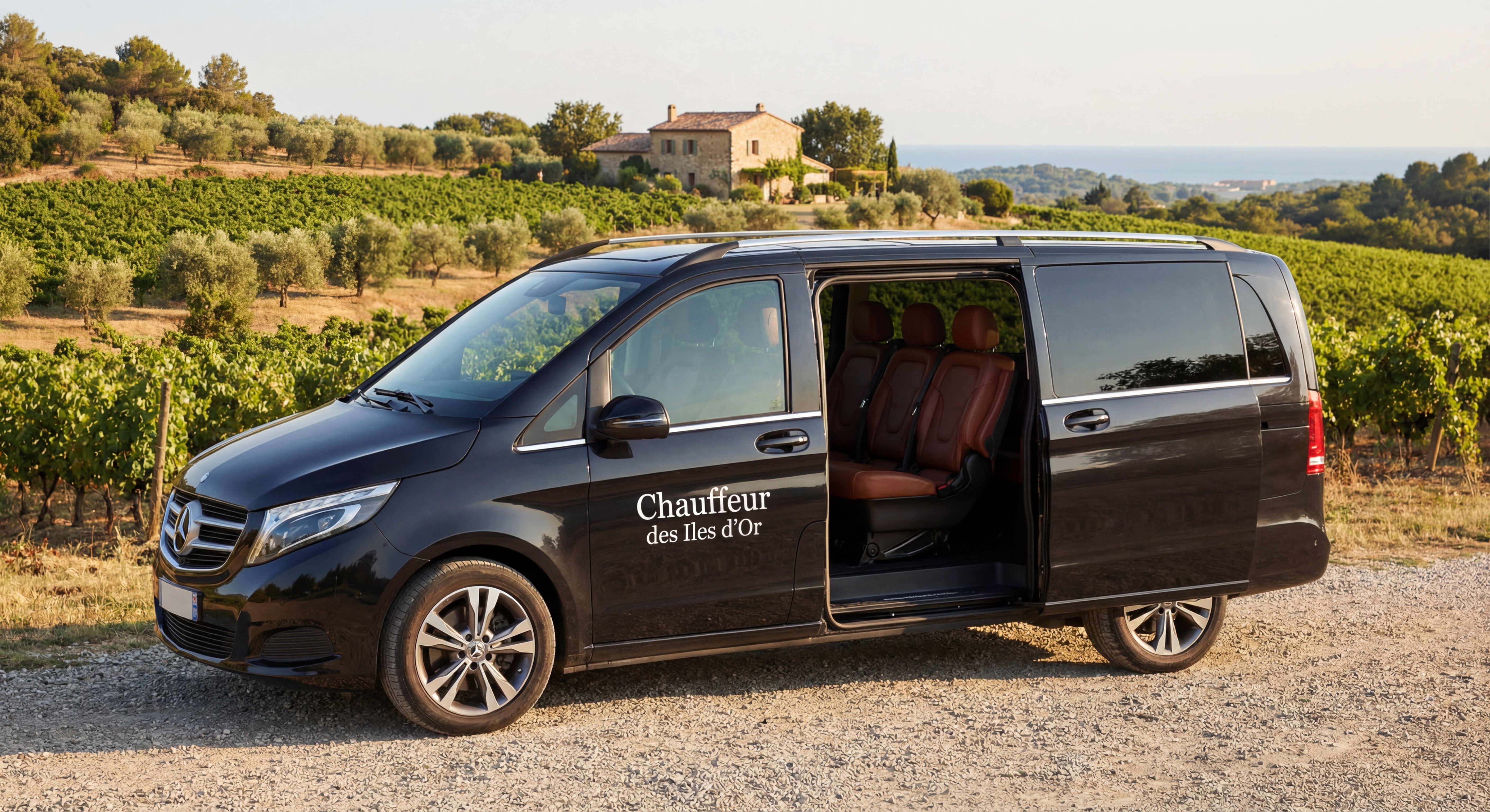 Van Mercedes Classe V noir floqué Chauffeur des Iles d'Or garé devant un paysage de vignobles varois avec intérieur cuir visible