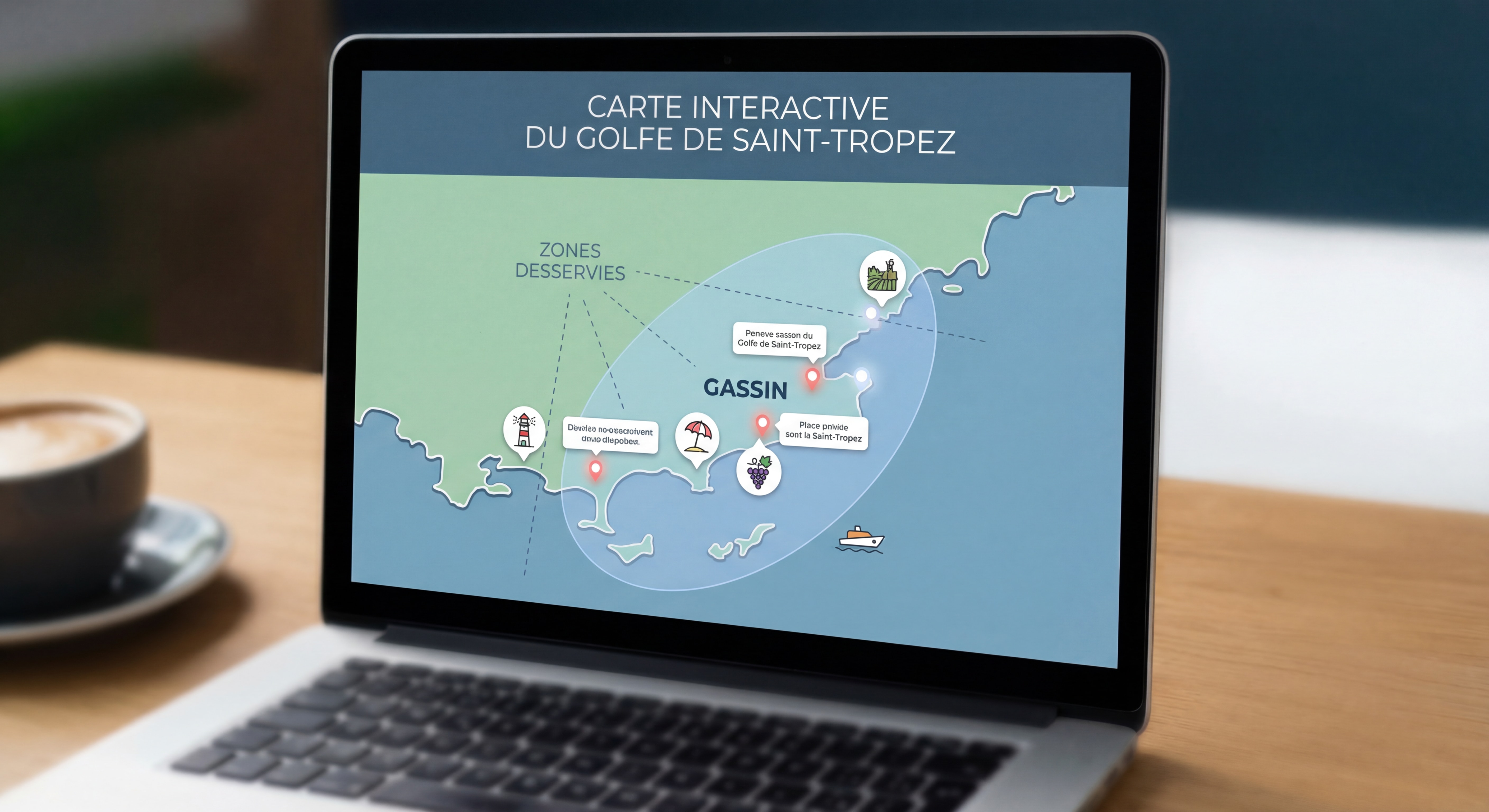 Carte interactive du Golfe de Saint-Tropez montrant Gassin et les zones desservies avec icônes des principaux points d'intérêt