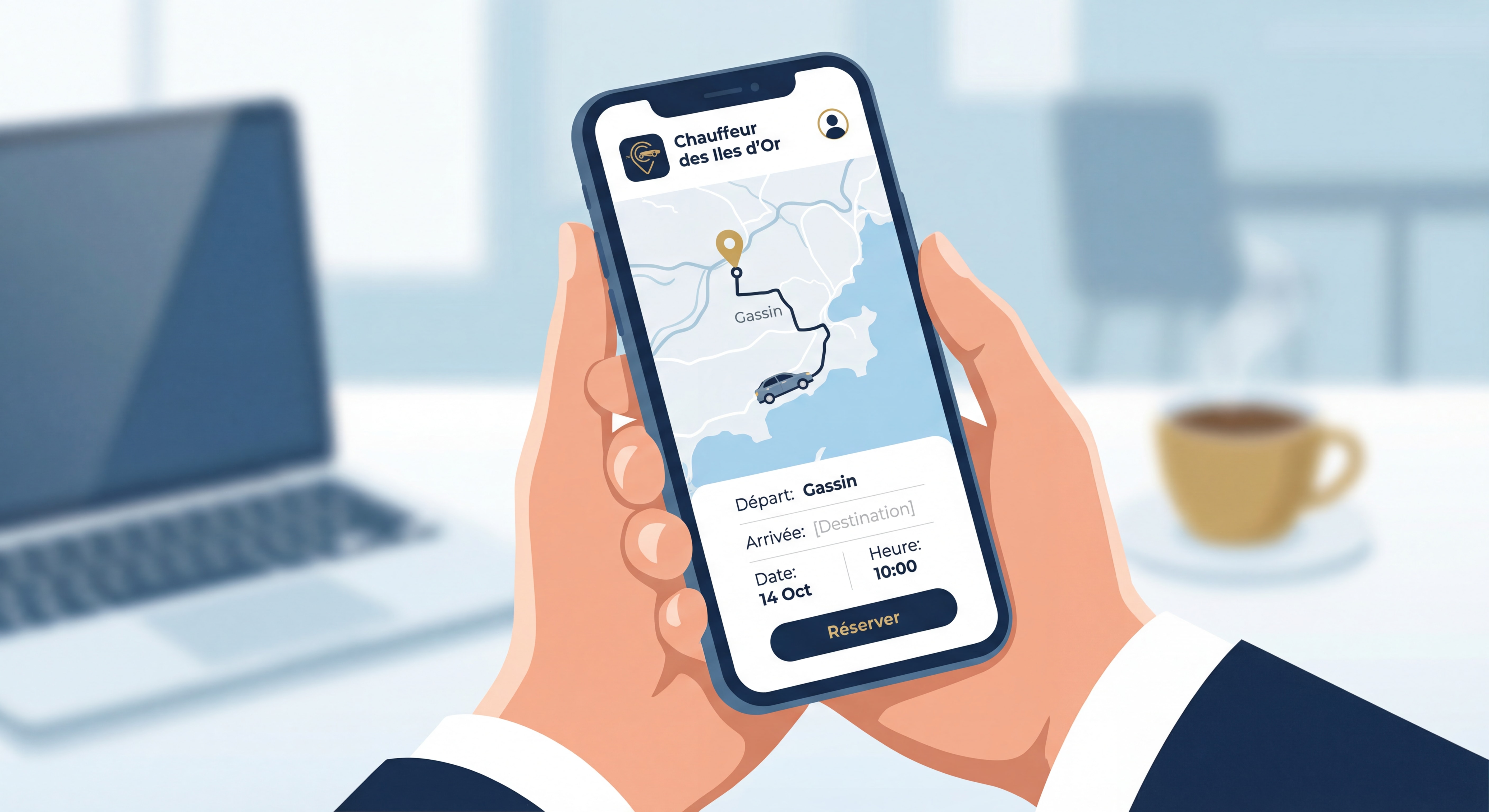 Smartphone affichant l'application Chauffeur des Iles d'Or avec interface de réservation VTC et carte de Gassin