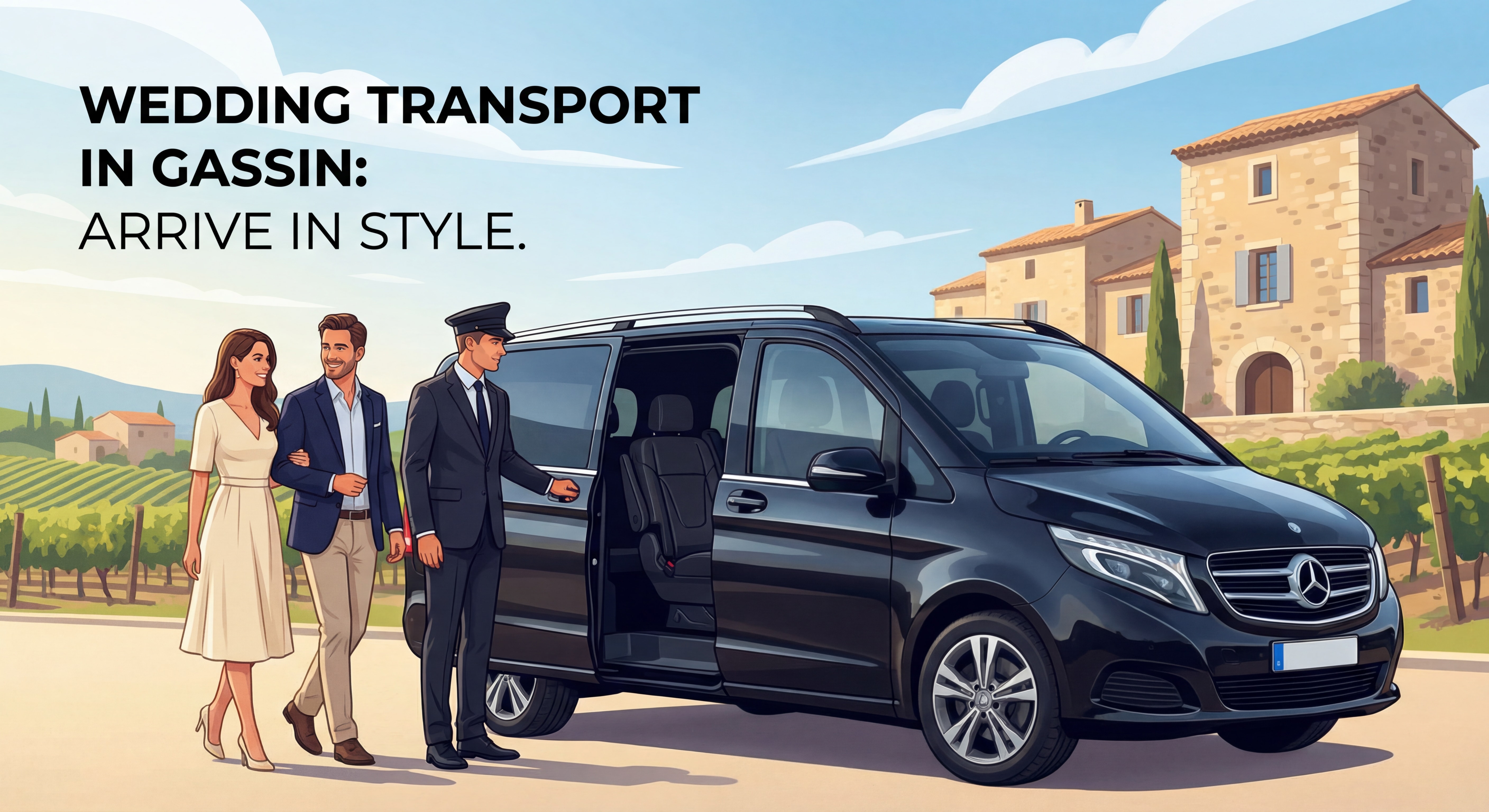 Chauffeur en costume ouvrant la porte d'un van Mercedes noir devant un couple élégant pour un mariage à Gassin