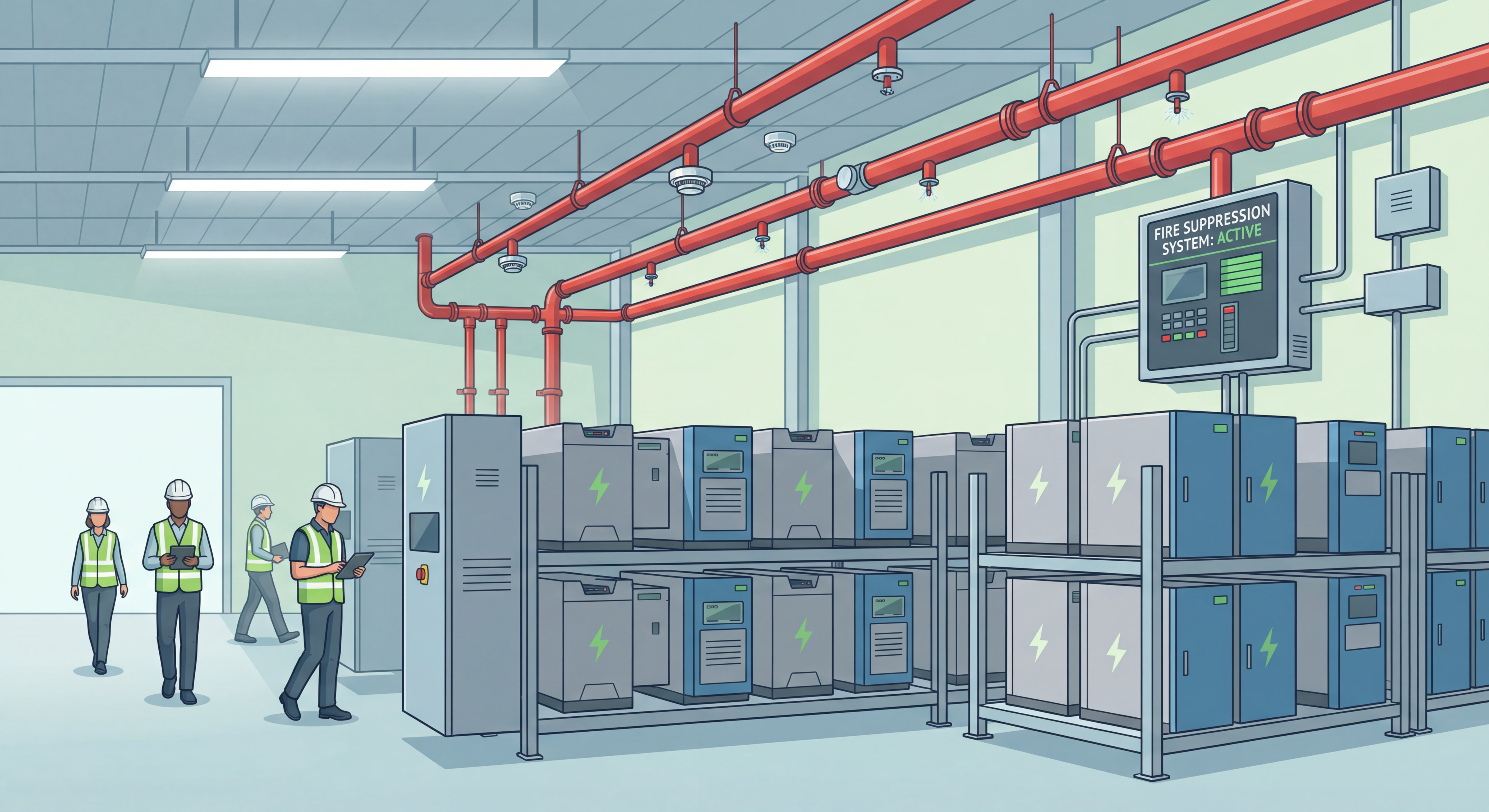 Entrepôt moderne équipé de batteries lithium-ion avec système de sécurité incendie professionnel
