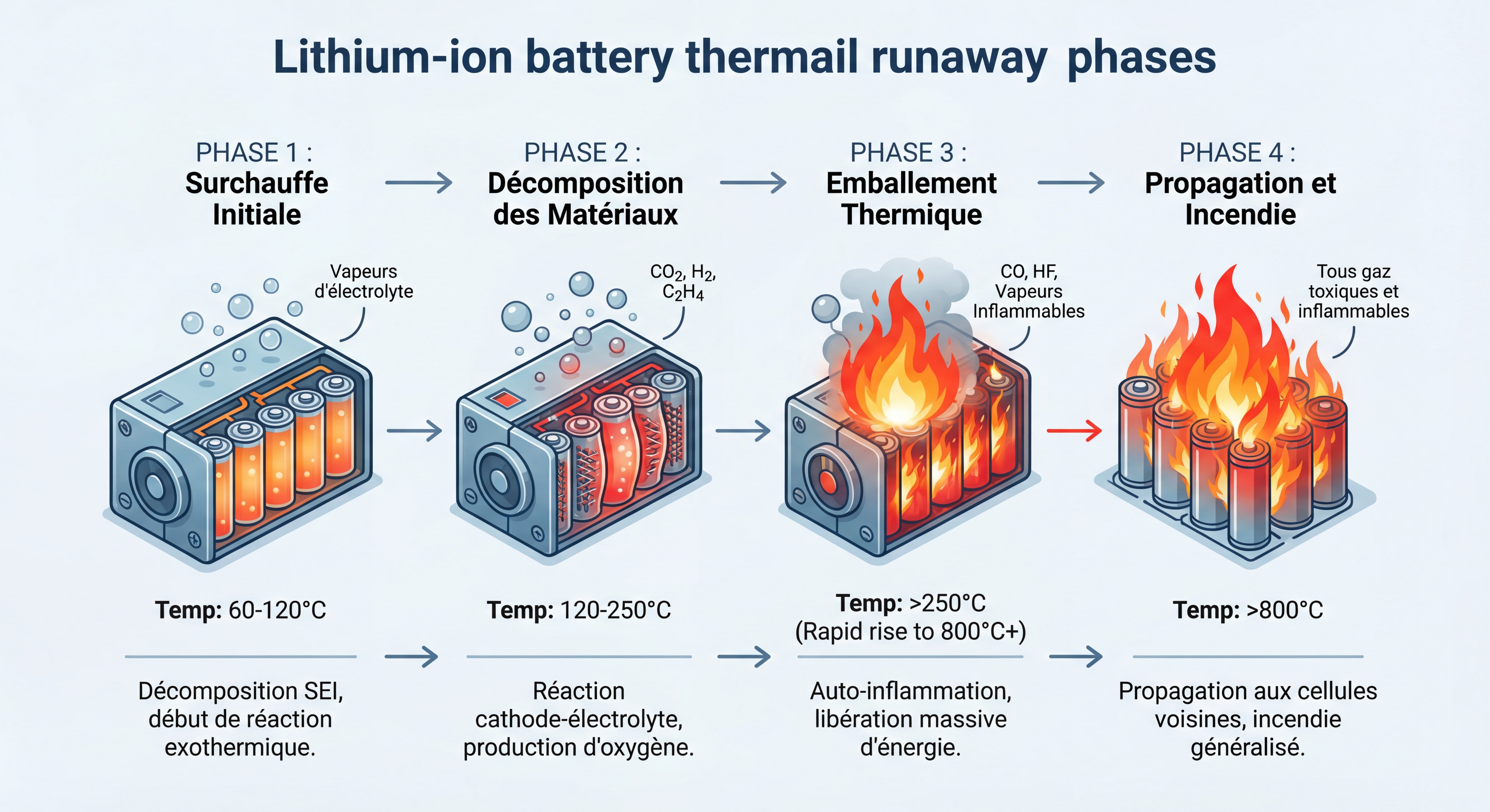 Schéma technique illustrant les phases de l'emballement thermique d'une batterie lithium-ion avec températures et gaz émis