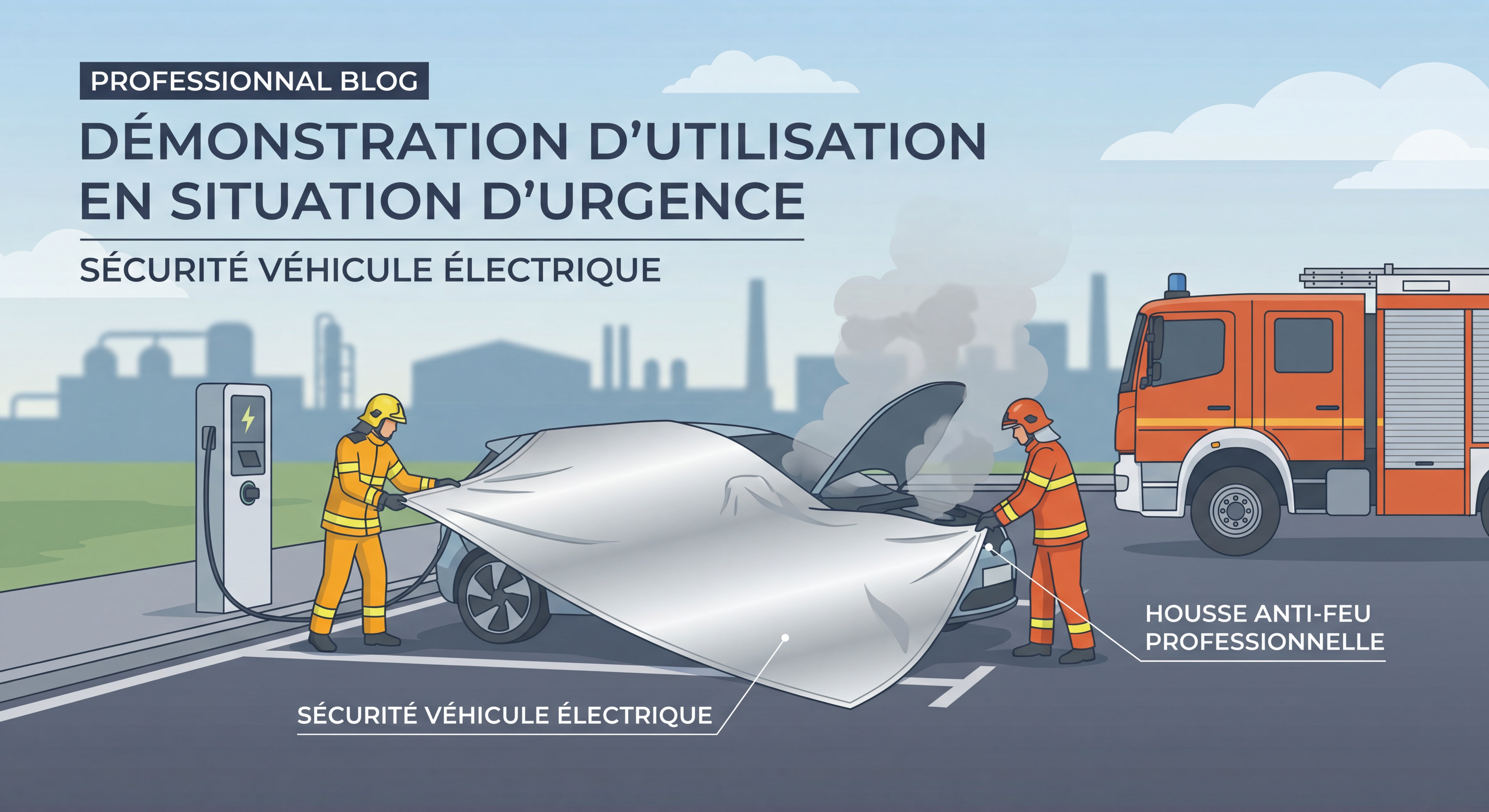 Démonstration d'utilisation d'une housse anti-feu professionnelle sur un véhicule électrique en situation d'urgence