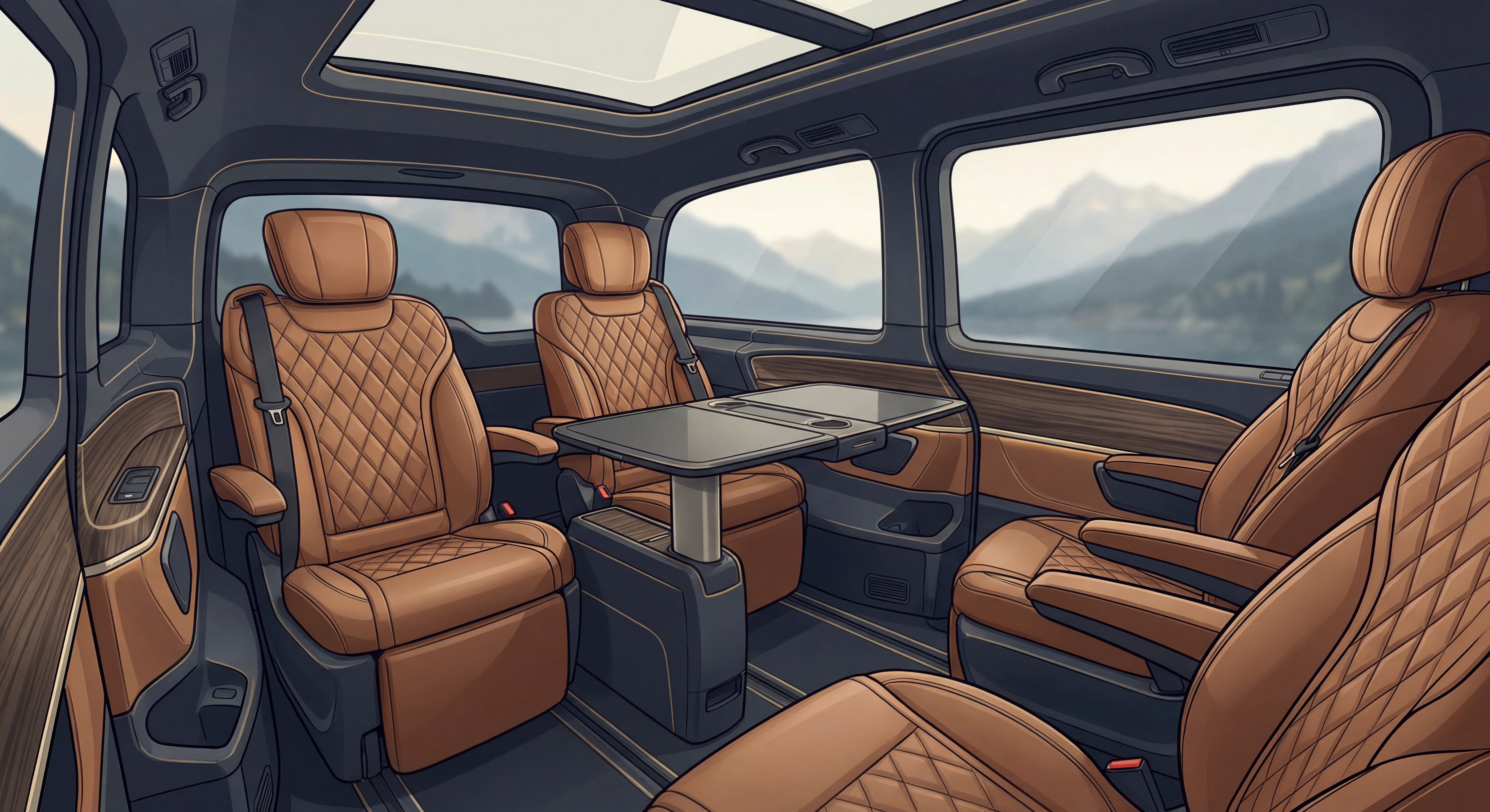 Intérieur luxueux du van Mercedes Classe V avec sièges cuir et espace modulable