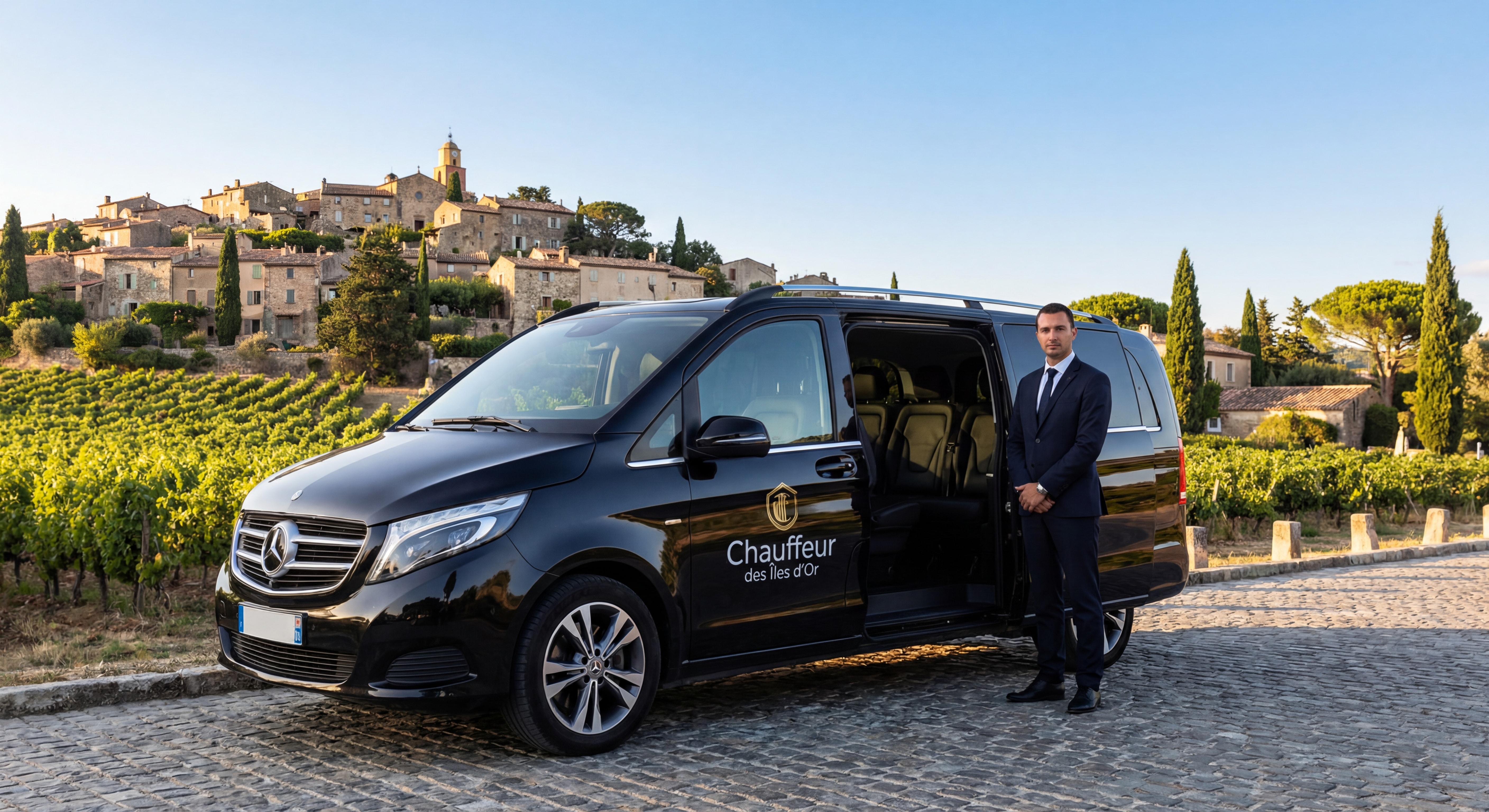 Van Mercedes noir floqué Chauffeur des Îles d'Or devant le village médiéval de Ramatuelle avec chauffeur en costume