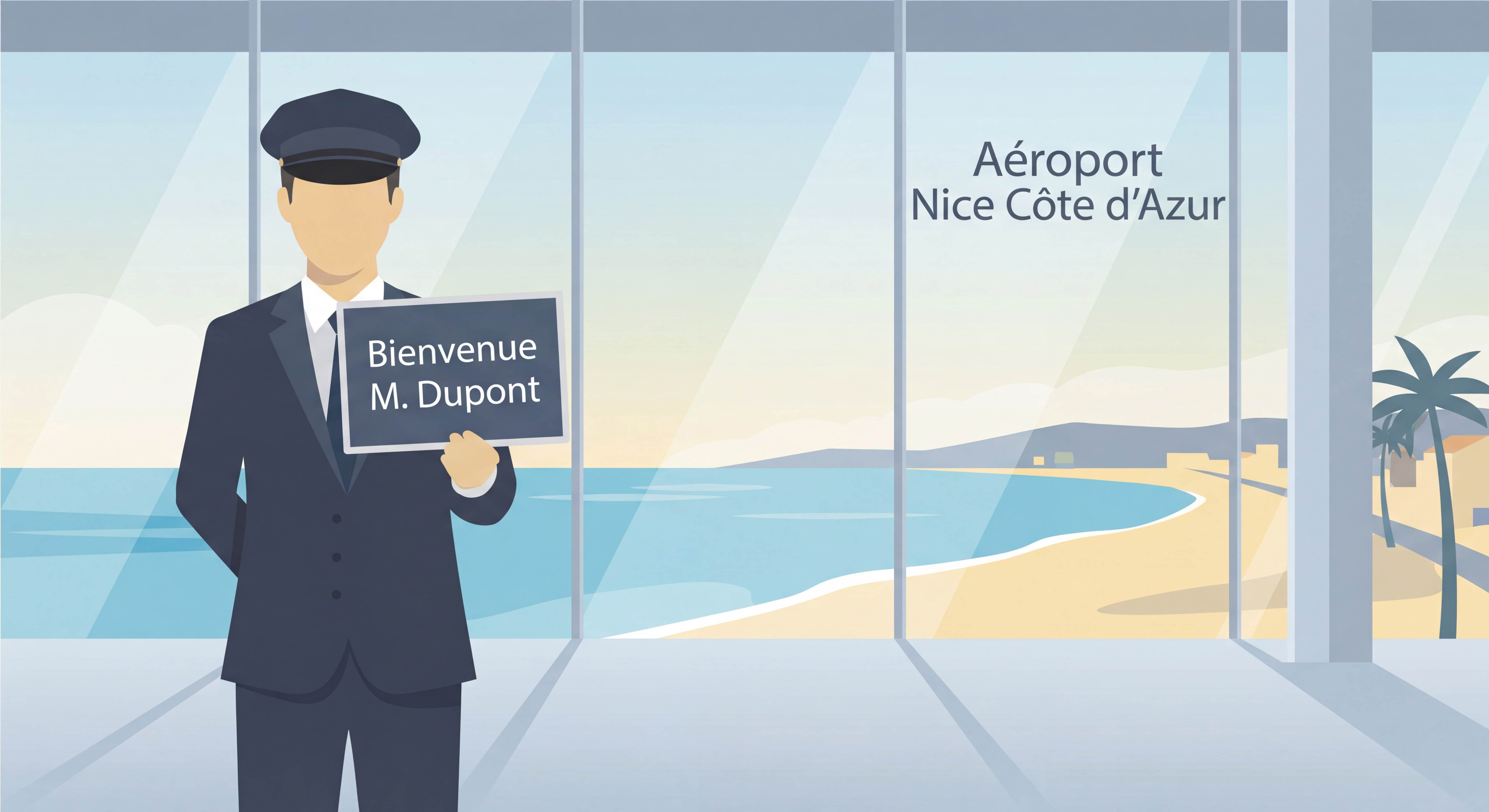 Chauffeur en costume tenant une pancarte d'accueil à l'aéroport de Nice Côte d'Azur