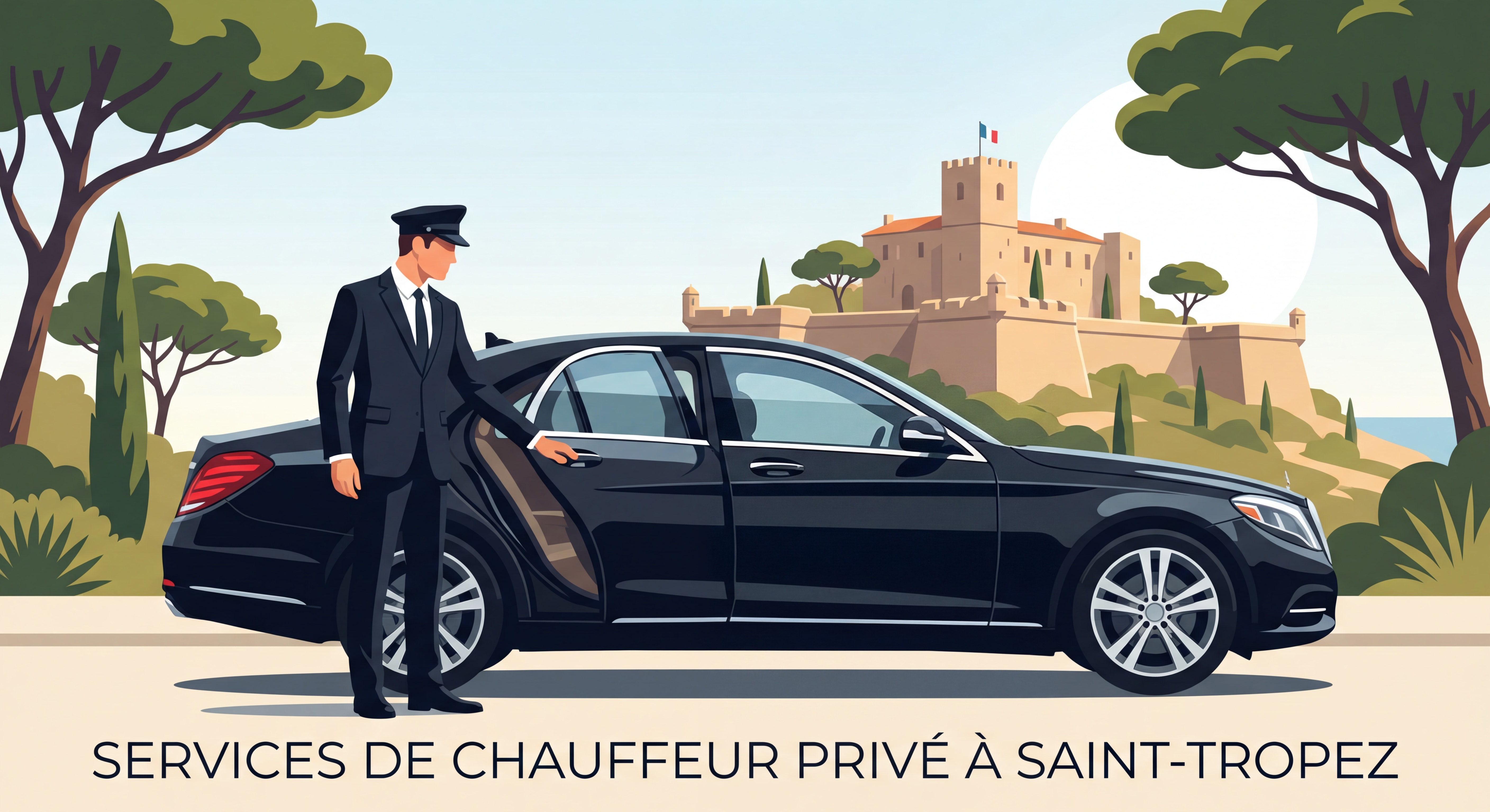 Chauffeur professionnel ouvrant la porte d'une Mercedes noire devant la Citadelle de Saint-Tropez