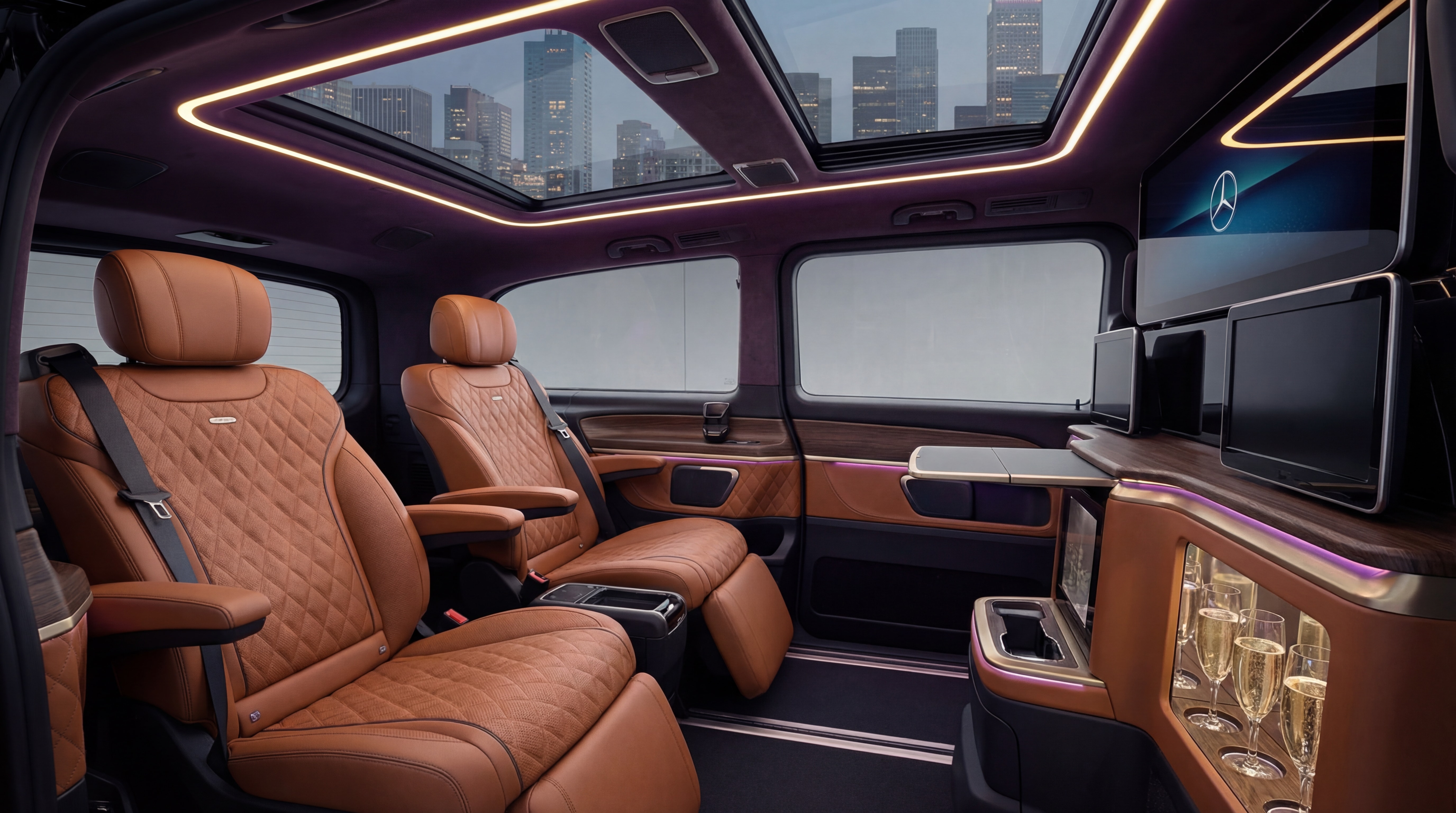 Intérieur luxueux d'une Mercedes Classe V avec sièges cuir et éclairage d'ambiance